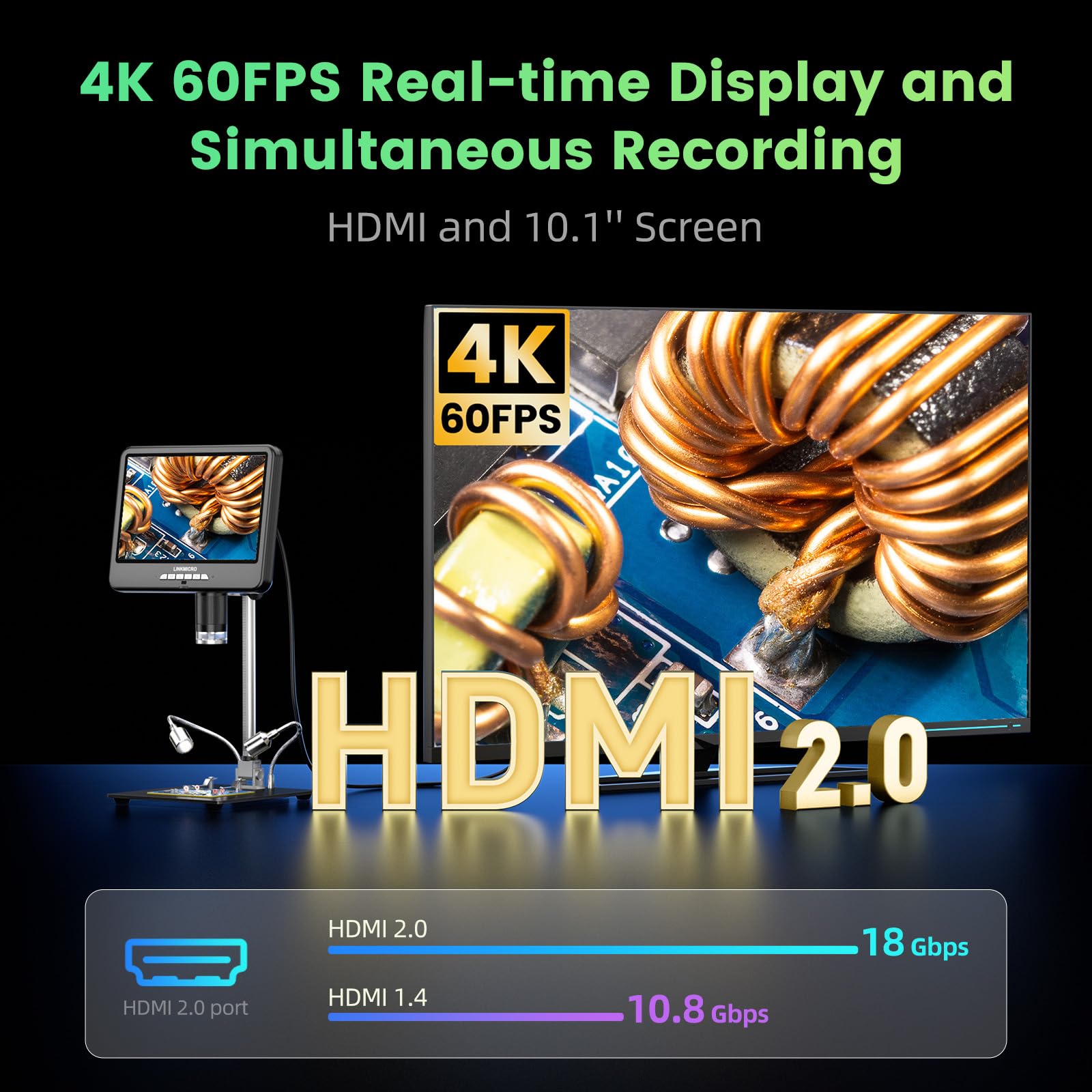 Linkmicro Lm210S 10.1'' 4K 60Fps Digital Microscope Hdmi For Electronics Repair, 4K Microscope For Soldering With Microphone, Hd