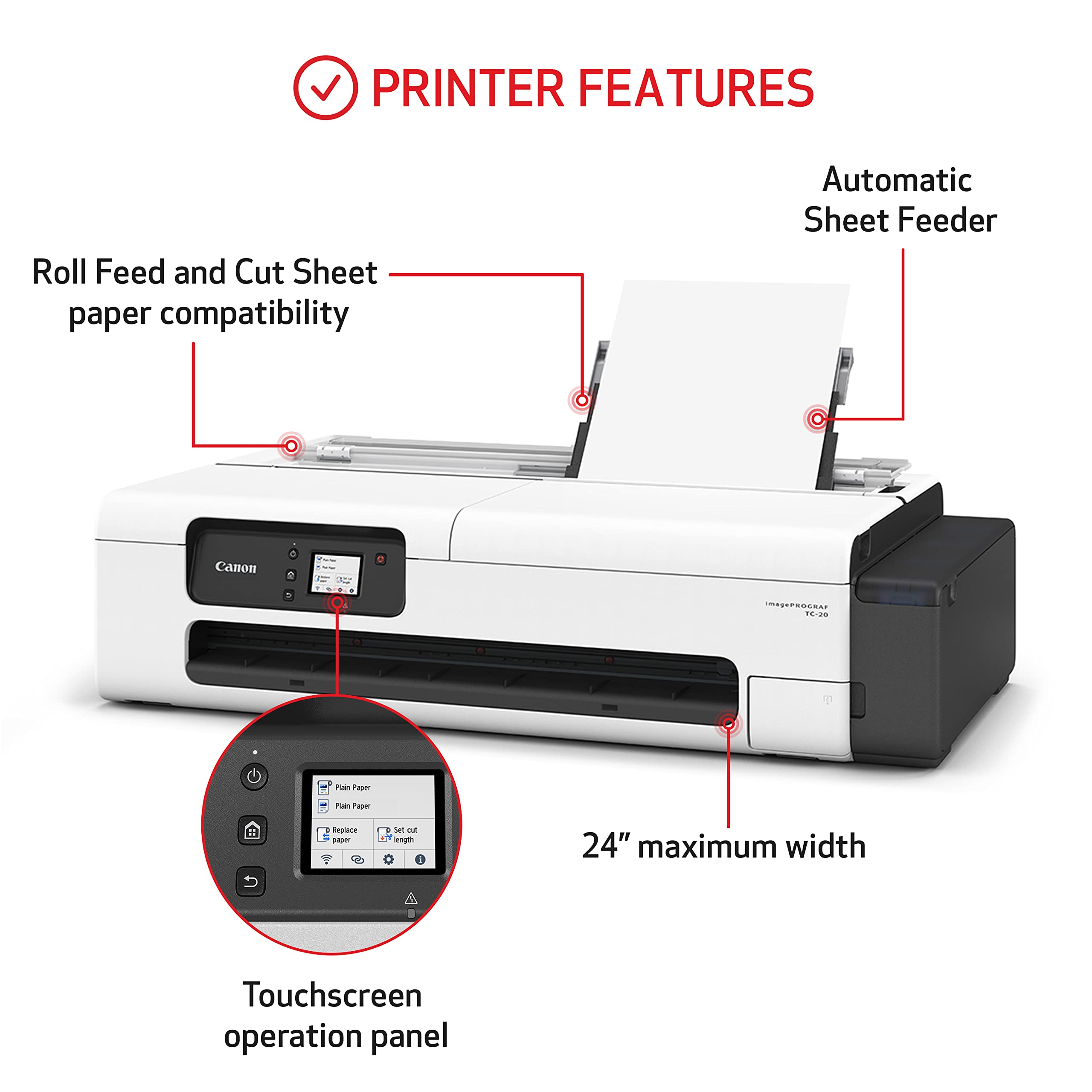 Canon Imageprograf Tc 20 24'' Large Format Poster & Plotter Printer   Automatic Roll & Cut Sheet Paper Feeder, Ships With 280Ml