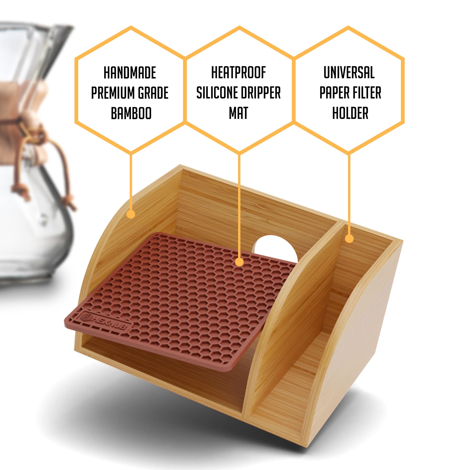 Hexnub   Caddy For Pour Over Coffee Maker, Bamboo Stand Fits Chemex, Bodum, Cosori Coffee Carafes, Heatproof Mat, Filter Holder