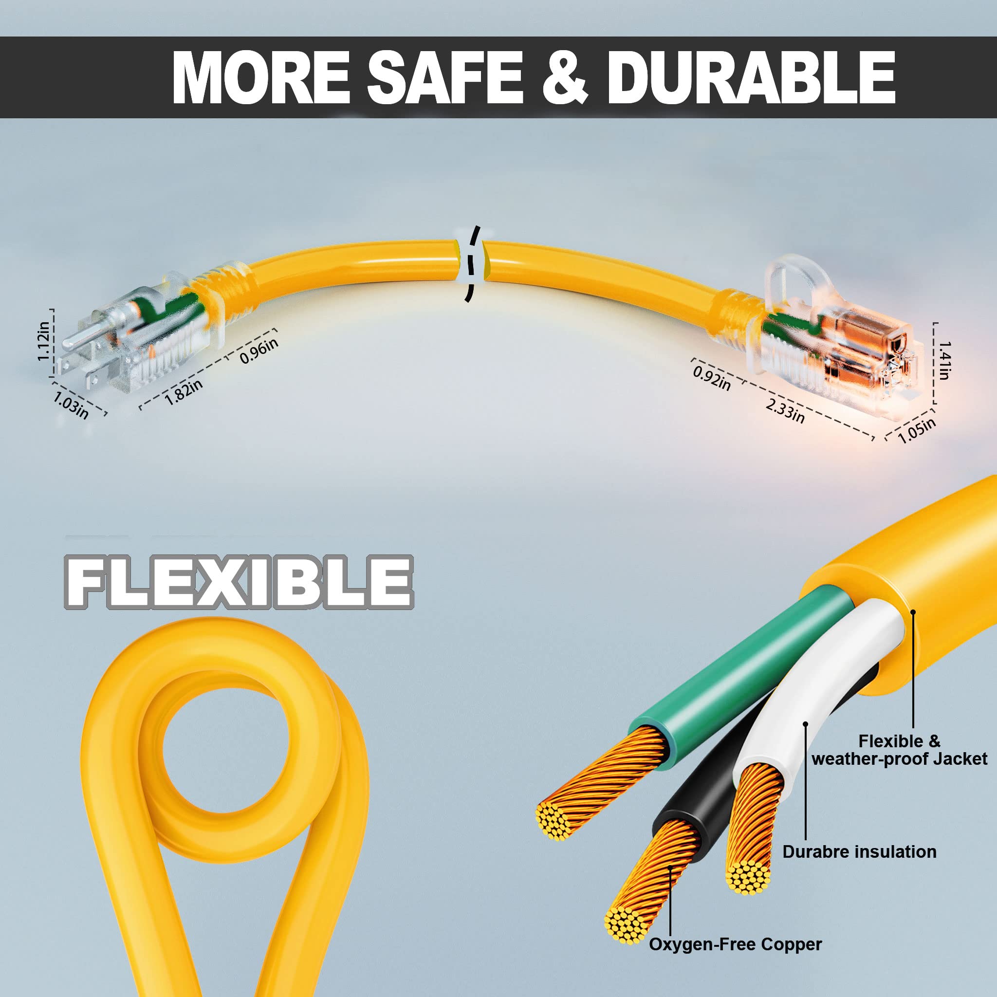 Huanchain 200 Ft 12/3 Gauge Outdoor Extension Cord Waterproof Heavy Duty With Lighted End, Flexible 3 Prong Electric Cord Outsid