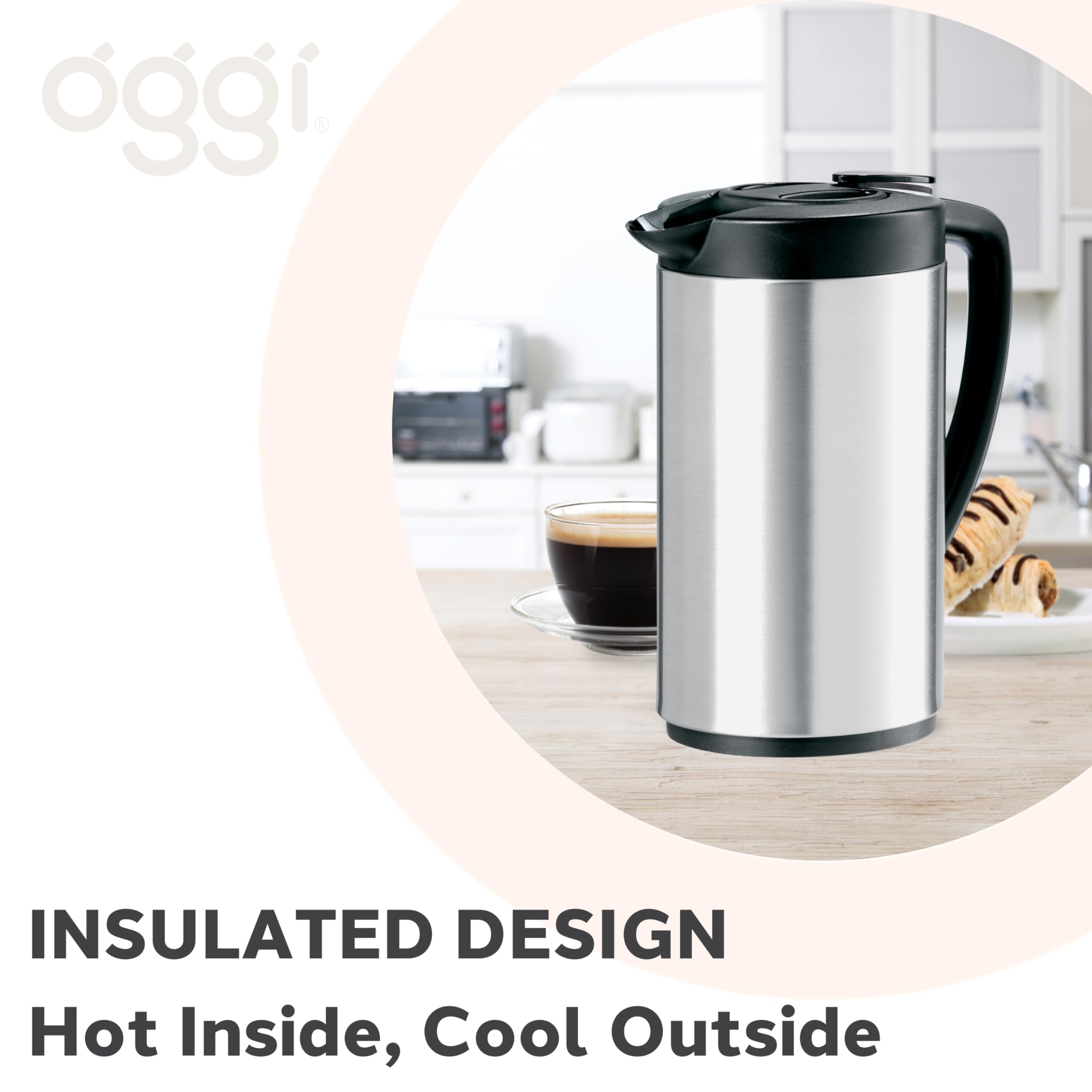 Oggi Oval Carafe Glass Liner   Stainless Steel Body, 1 Liter / 34Oz Capacity   Ideal Glass Vacuum Coffee Carafe And Tea Thermos,