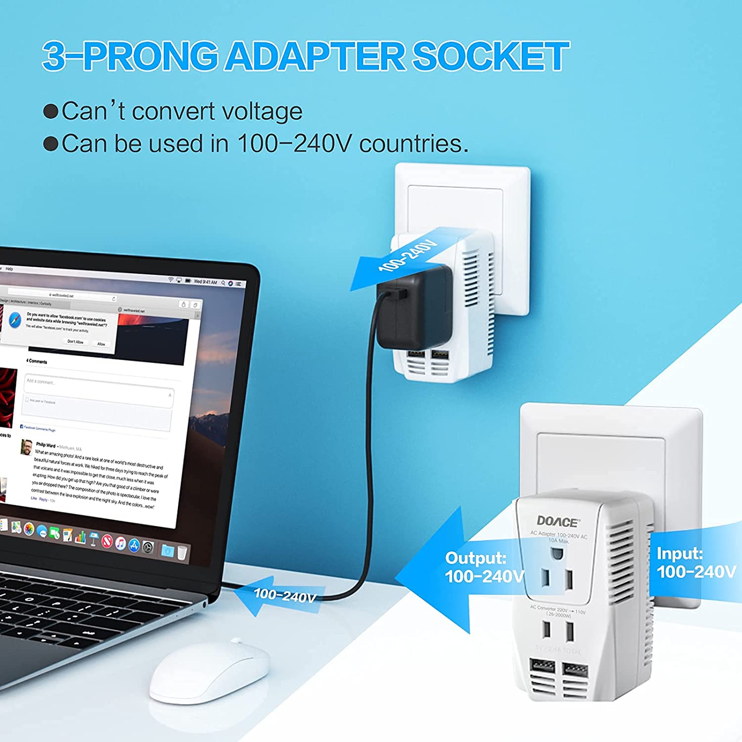 DOACE 2000W Travel Voltage Converter with USB - Thumbnail 3