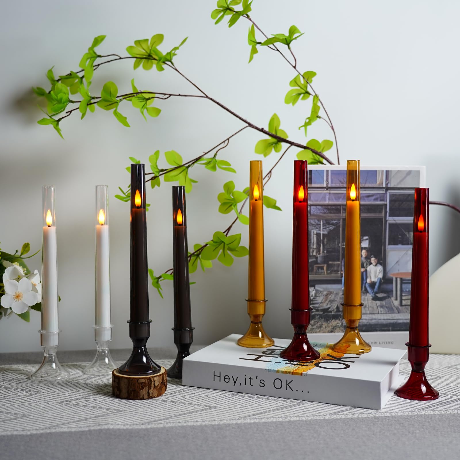 Lezonic Flameless Windows Candles Battery Operated With Timer Remote, 6Pcs Grey Acrylic Flameless Candlesticks With Holders, Led