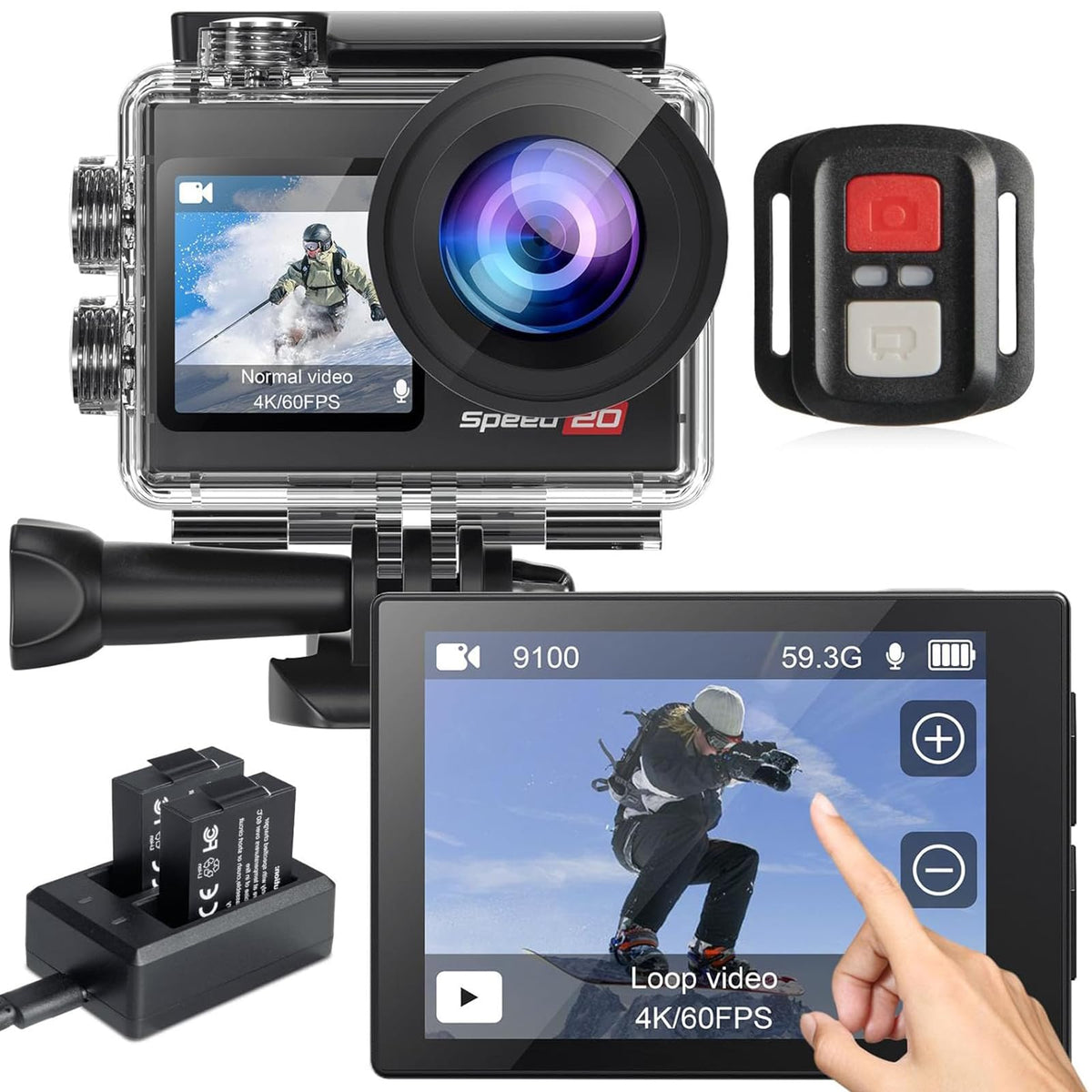 Hiicam Action Camera 4K60Fps 20Mp With Touch Screen Eis Remote Control 131 Ft Underwater Camera 5X Zoom Support Video&Photo Edit