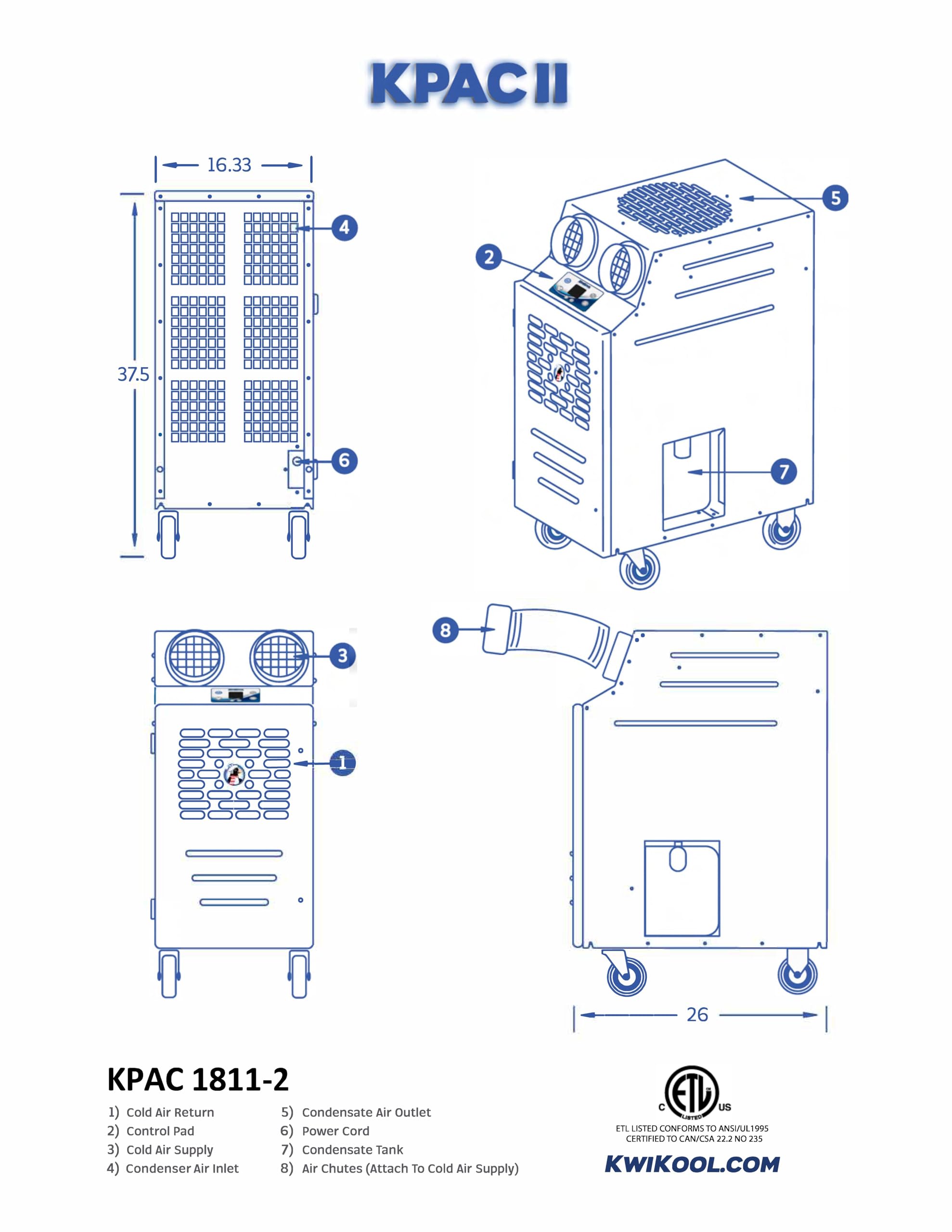 Kwikool Kpac1811 2 Air Cooled 1.5 Ton Portable Spot Cooler