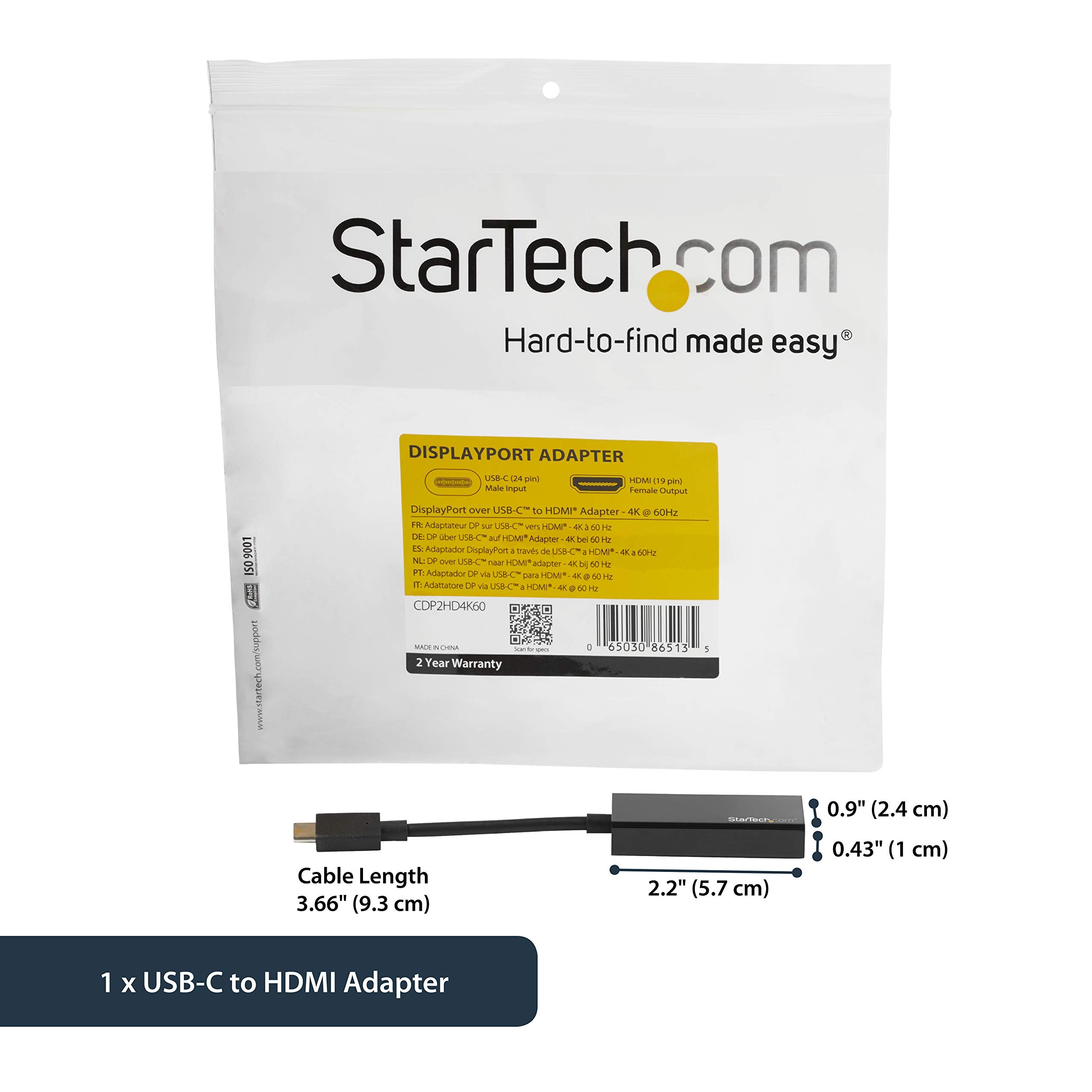 Startech.Com Usb C To Hdmi Adapter   4K 60Hz Video, Hdr10   Usb C To Hdmi 2.0B Adapter Dongle   Usb Type C Dp Alt Mode To Hdmi M