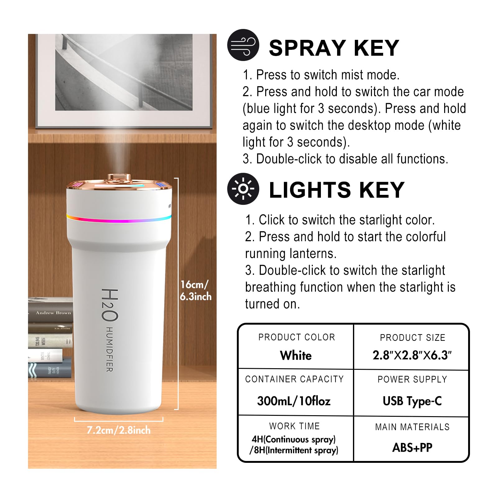 Car Diffuser Humidifier With Starry Sky Laser Lights Portable 300Ml Usb Powered Cool Mist Auto Shut-Off Quiet Perfect For Car Ho