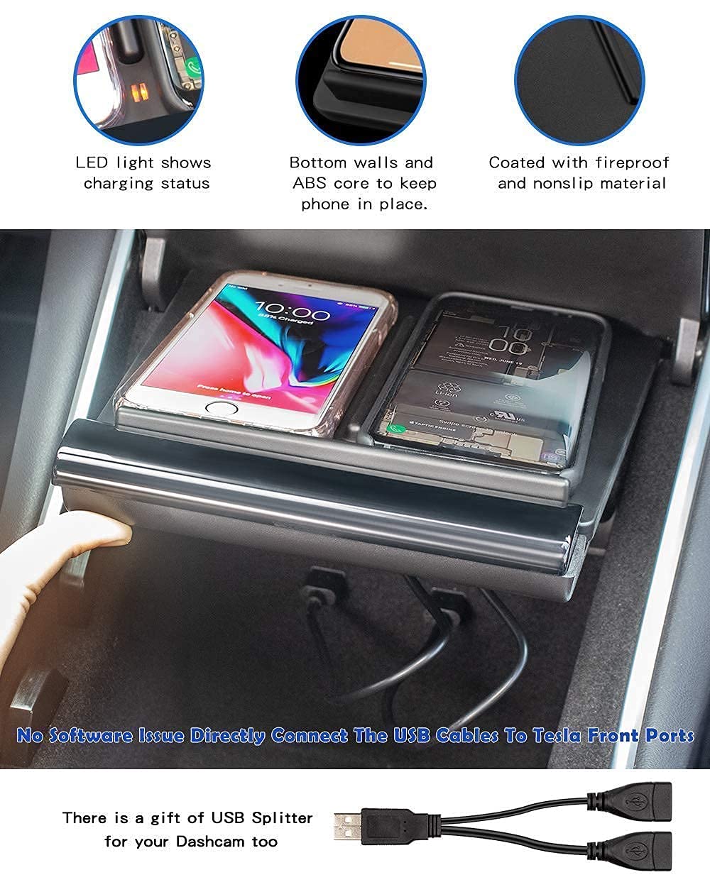 Taptes Wireless Charger For Tesla Model 3 2017 2018 2019 2020, Dual Phone Charging Pad For Tesla Model 3 Accessories, Car Center