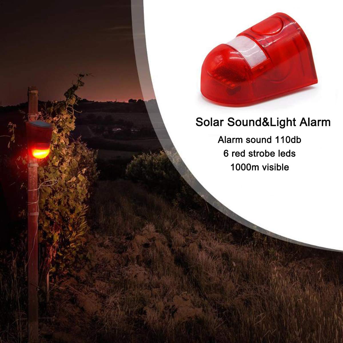 Solar Sound & Light Alarm Motion Sensor 110 Decibels Siren Sound Alert & 6Leds Flash Warning Strobe Security Alarm System For Fa