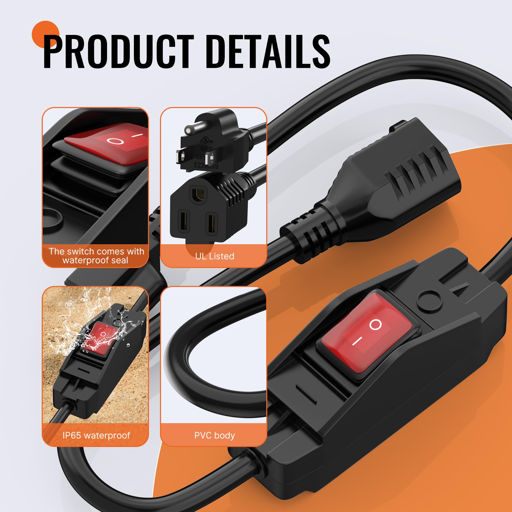 Joinfworld 2 Ft Extension Cord With Switch Outdoor 14Awg 3 Prong Switched Extension Cord 15A 125V Waterproof Lighted Extension C