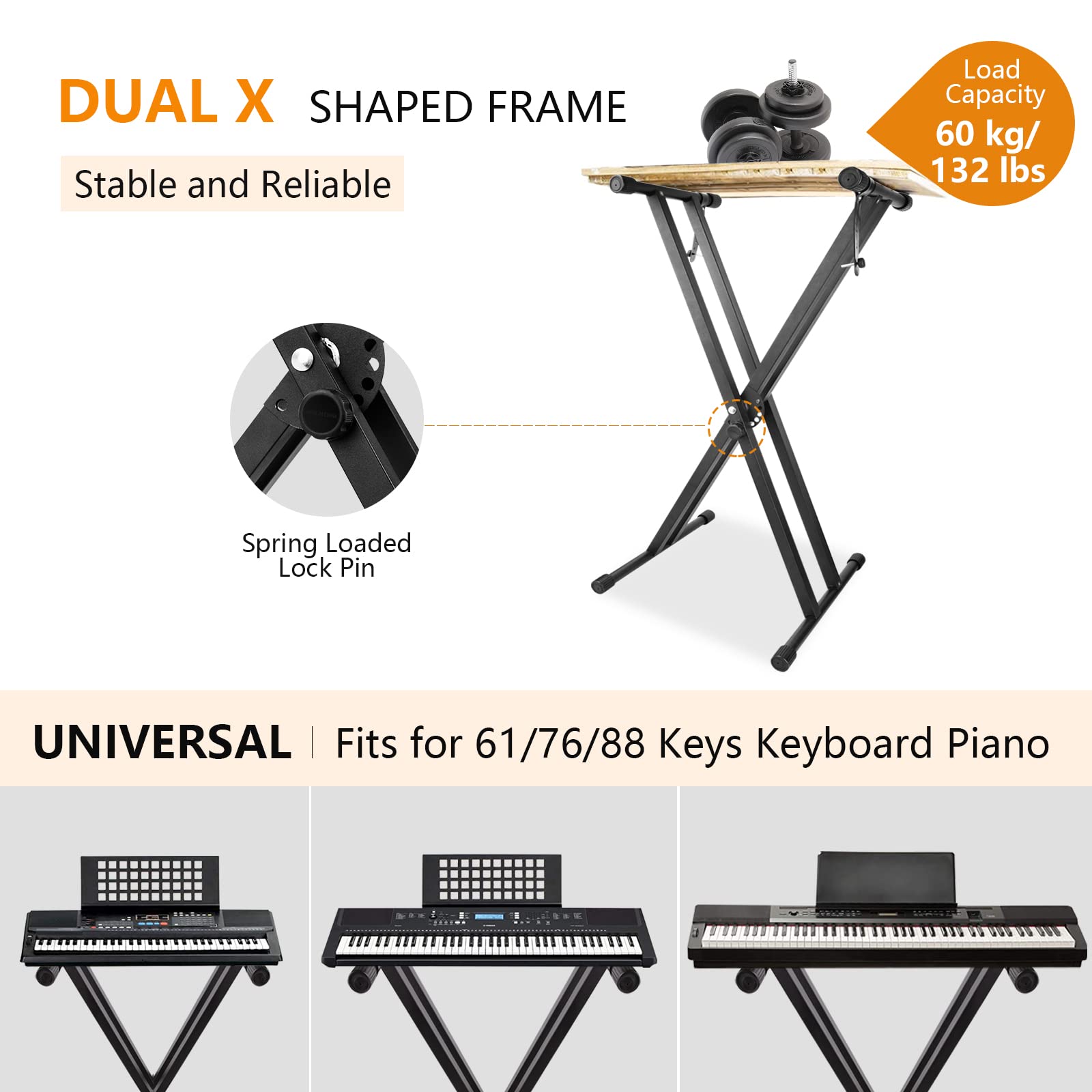 Letsrock Adjustable Keyboard Stand, Heavy Duty Double X Piano Stand With Locking Straps For 61 76 88 Keys