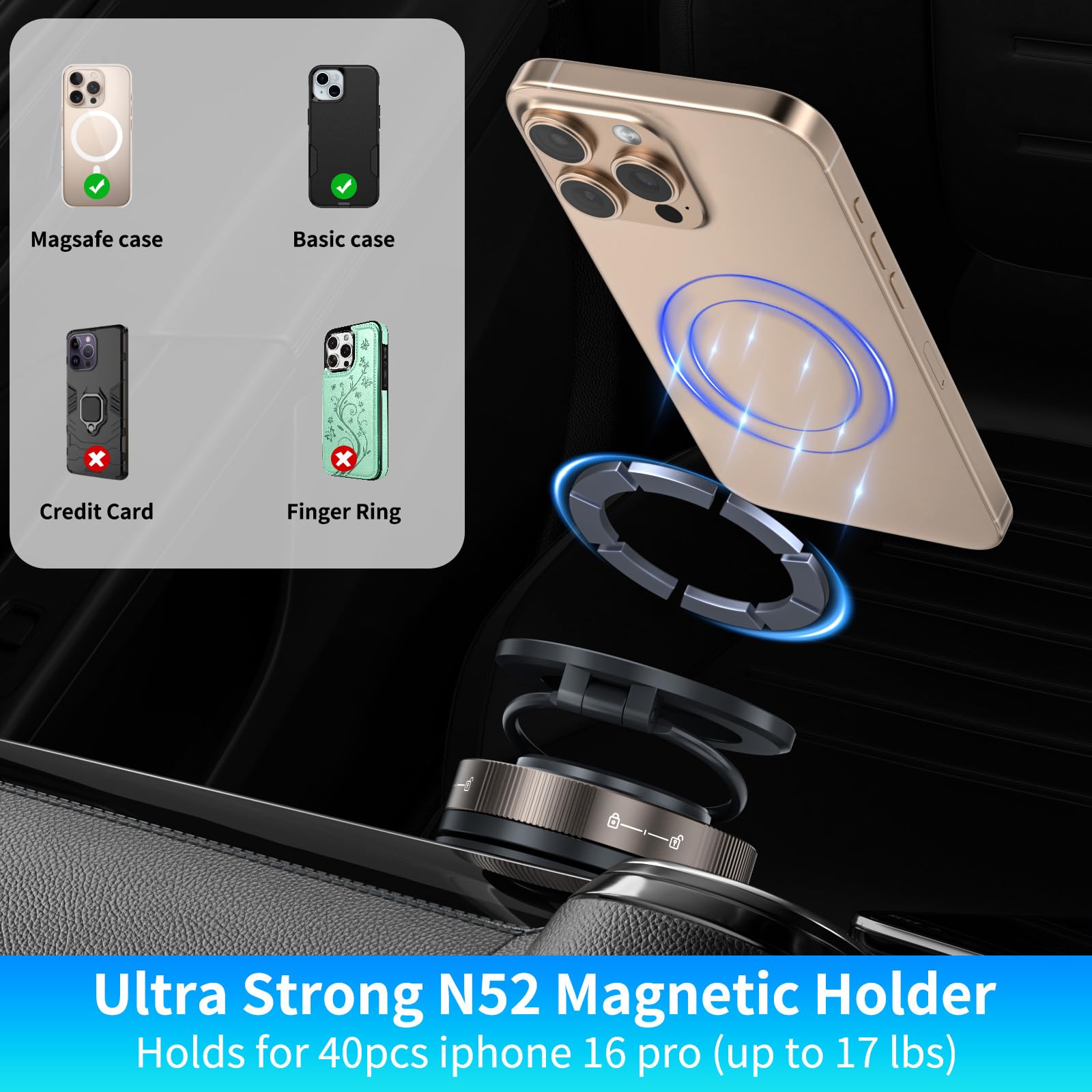 Apapatek Vacuum Suction Magnetic Phone Holder For Iphone 16E 16 15 Pro, 360 Rotating & 180 Foldable, Ultra Suction Cup, Mini Car