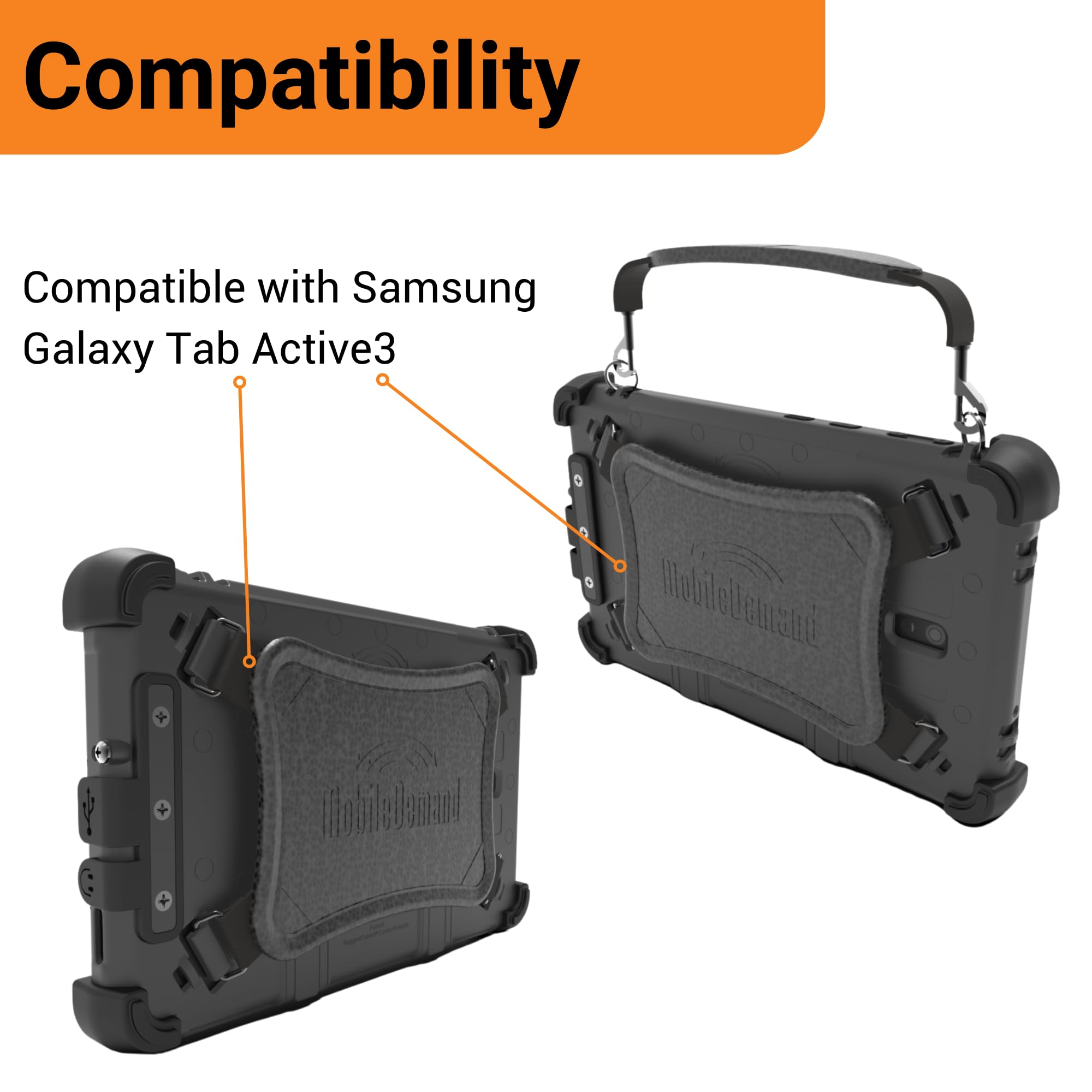 Mobiledemand Ultra Rugged Case For Samsung Galaxy Tab Active3   Briefcase Handle, Back Hand Strap   Port Cover   Shock Absorbing