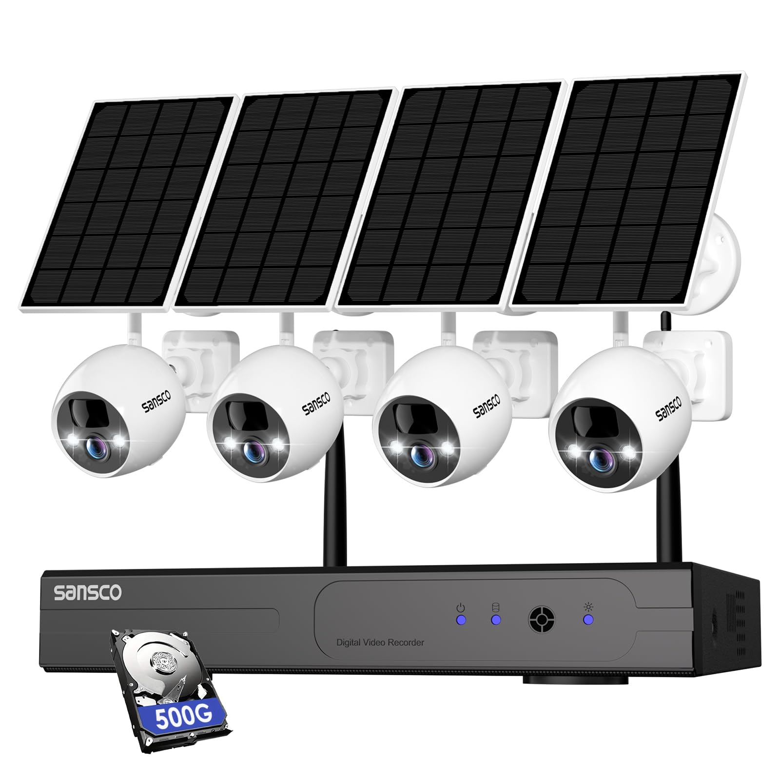 Sansco Solar Security Cameras System Outdoor, 10Ch Nvr Wireless Recorder With 500Gb Hdd, 4X 4Mp Wifi Ip Surveillance Camera   No