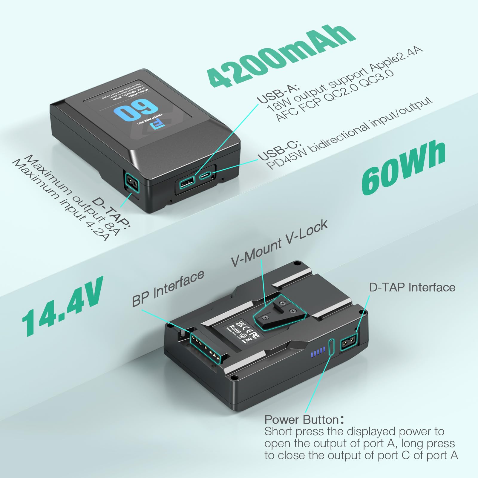 Firstpower V Mount/V Lock Battery, 60Wh(4200Mah, 14.4V) V Mount Battery Support Pd 45W Usb C Fast Charger, With D Tap, Usb A, Us
