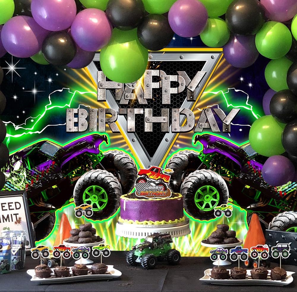Svbright Truck Birthday Backdrop 7Wx5H Monster Green Car Grave Digger Birthday Party Light Racing Car Vehicle Jam Boys Decoratio