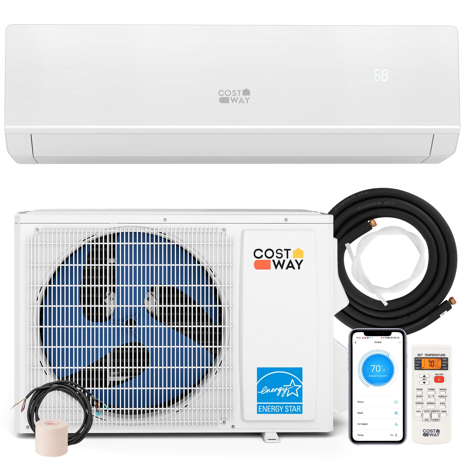 COSTWAY 18000 BTU Mini Split Air Conditioner & Heater, 208-230V WiFi Enabled 25 SEER2 Ductless Inverter AC Unit, Works w/Alexa, 