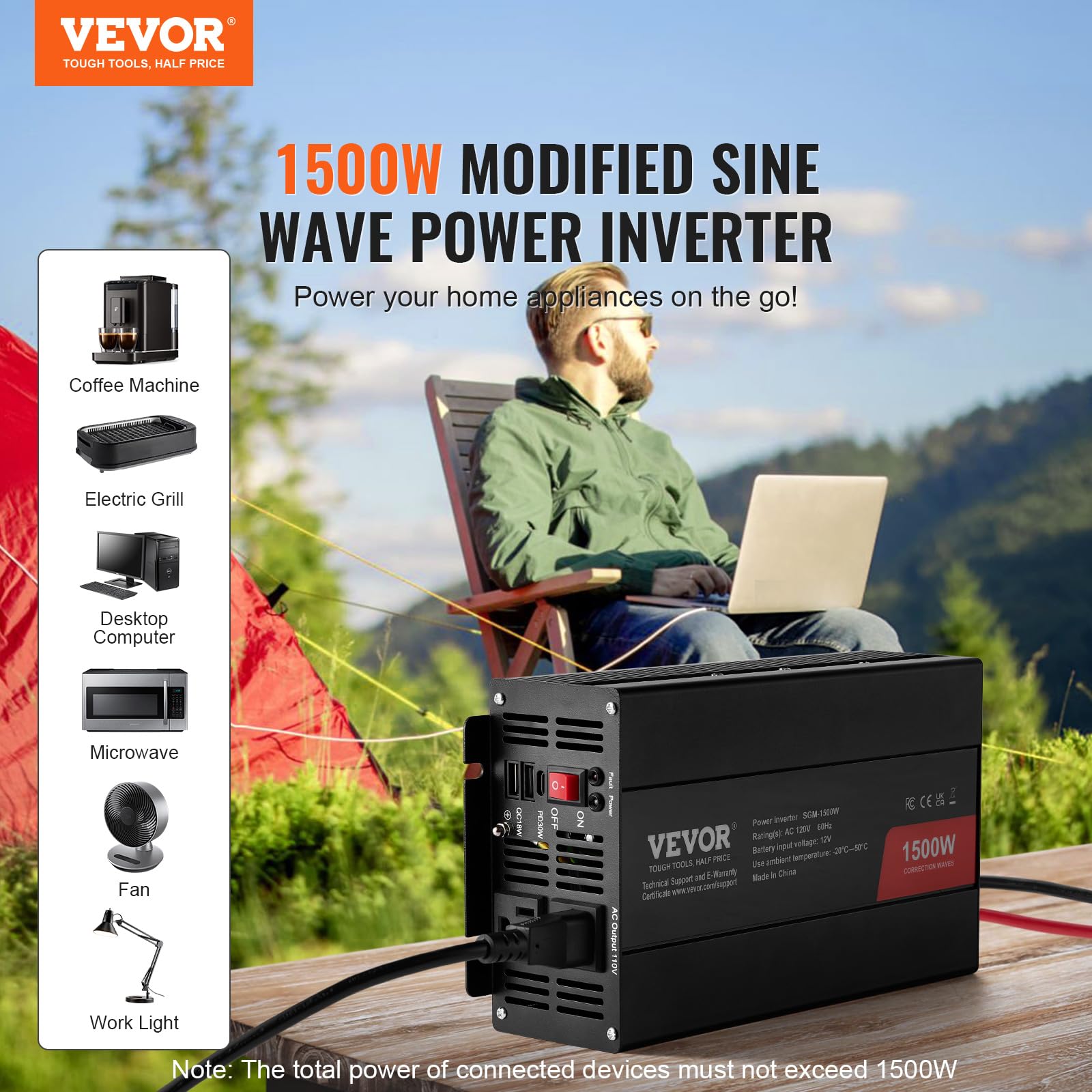 Vevor Modified Sine Wave Inverter, 1500W Power Inverter Dc 12V To Ac 120V With 2 Ac Outlets 2 Usb Port 1 Type-C Port 6 Spare Fus