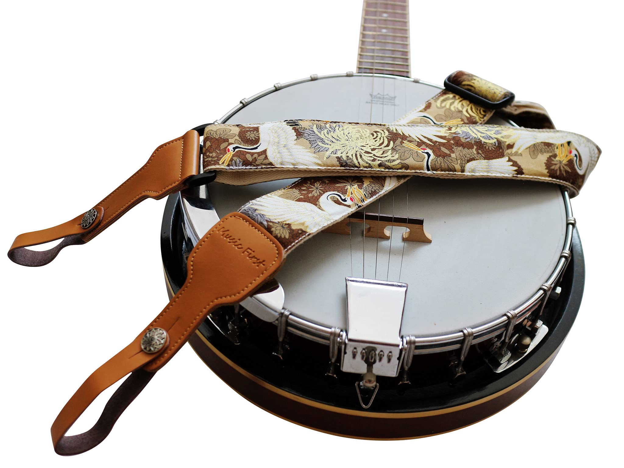 Music First, 2 Inch Width (5Cm), Padded, Vintage Ukiyoe Style''Chrysanthemum & Crane In Tan'' Soft Muslin & Genuine Leather Delu