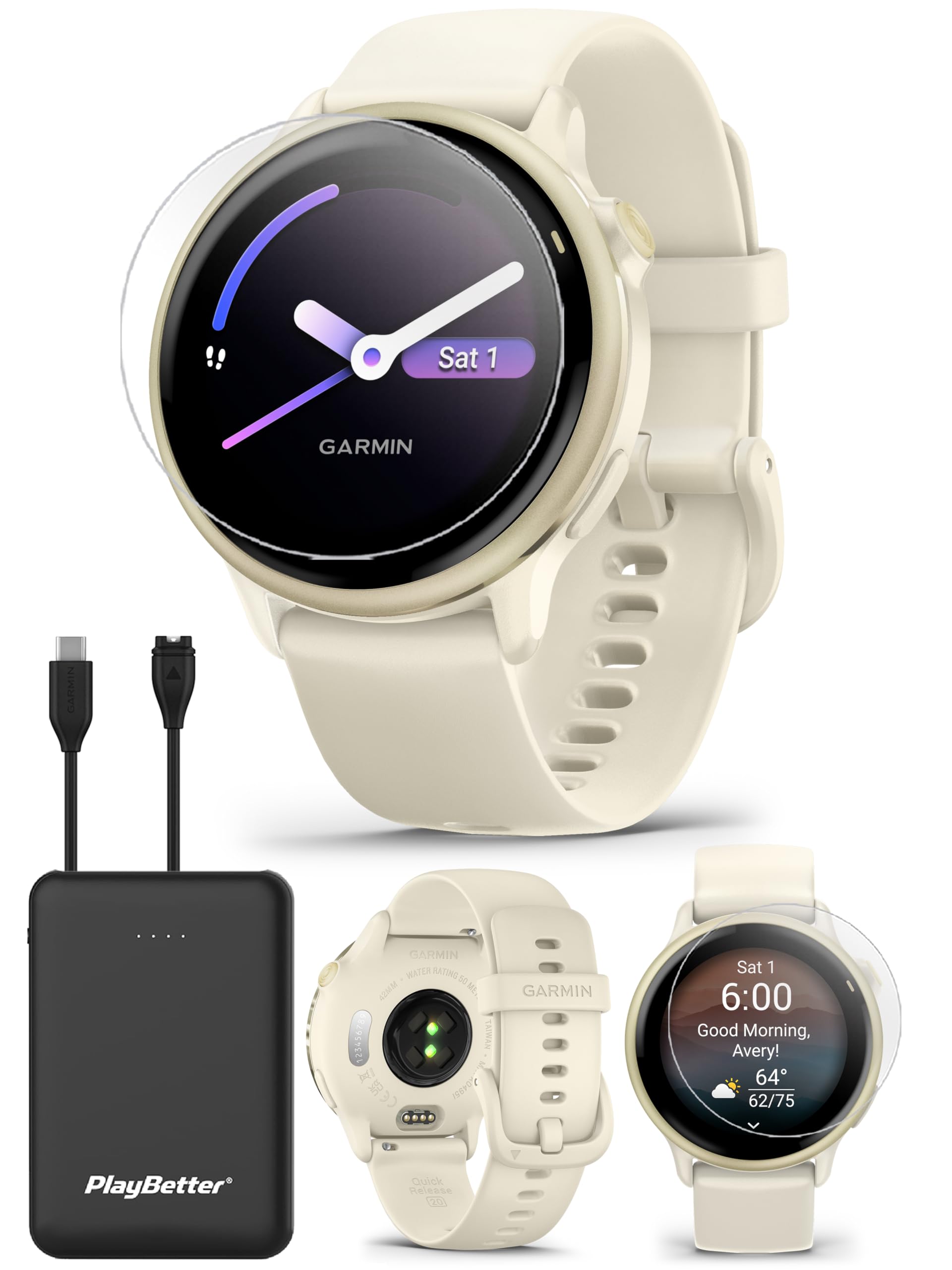 Garmin vivoactive 6 (Lunar Gold/Bone) Fitness GPS Smartwatch Bundle - AMOLED Health Watch, 11-Day Battery Life, Body Battery, Mu