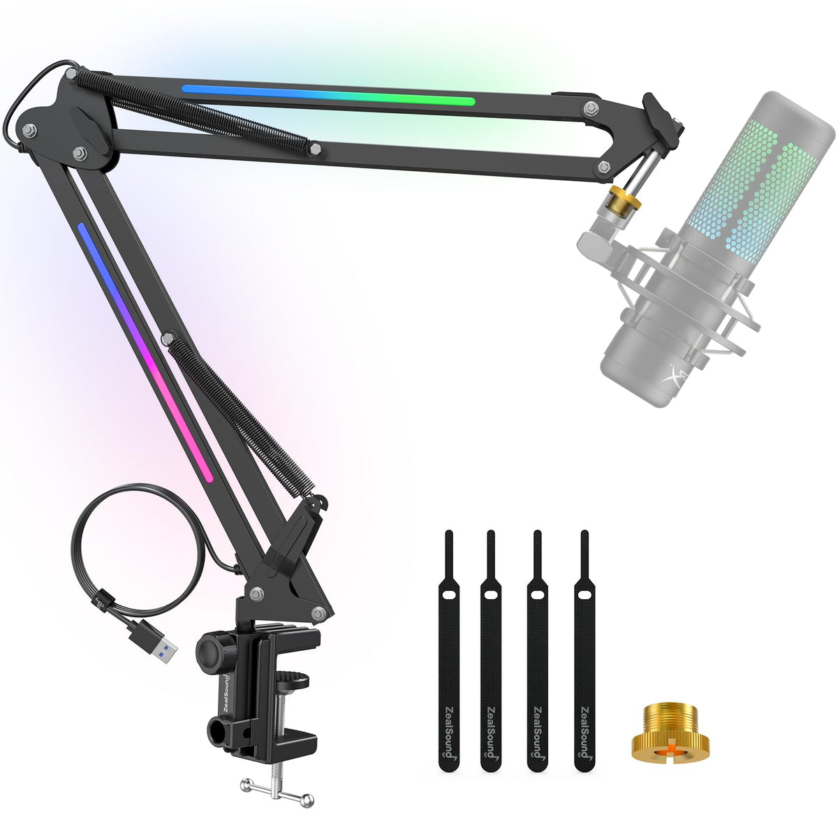 ZealSound RGB Microphone Arm Stand,Mic Arm with RGB Light for QuadCast/Blue Yeti/Snowball/Shure SM7B/Rode NT1/Elgato,Rotatable Suspension Boom Scissor Stand for Gaming Streaming Podcasting YouTube