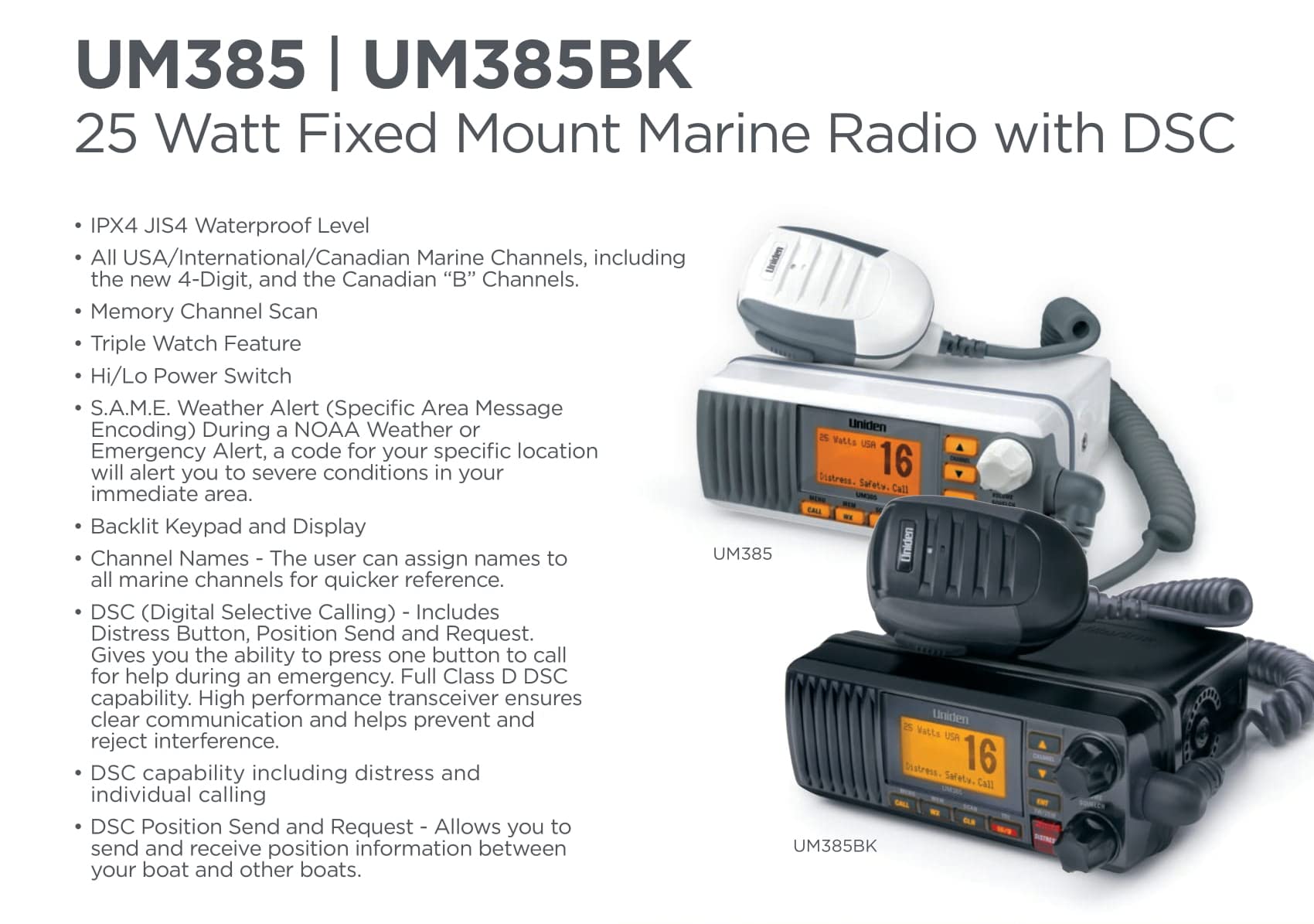 Uniden Um385 25 Watt Fixed Mount Marine Vhf Radio, Waterproof Ipx4 With Triple Watch, Dsc, Emergency/Noaa Weather Alert, All Usa,WBEEAB076DPJZ9L