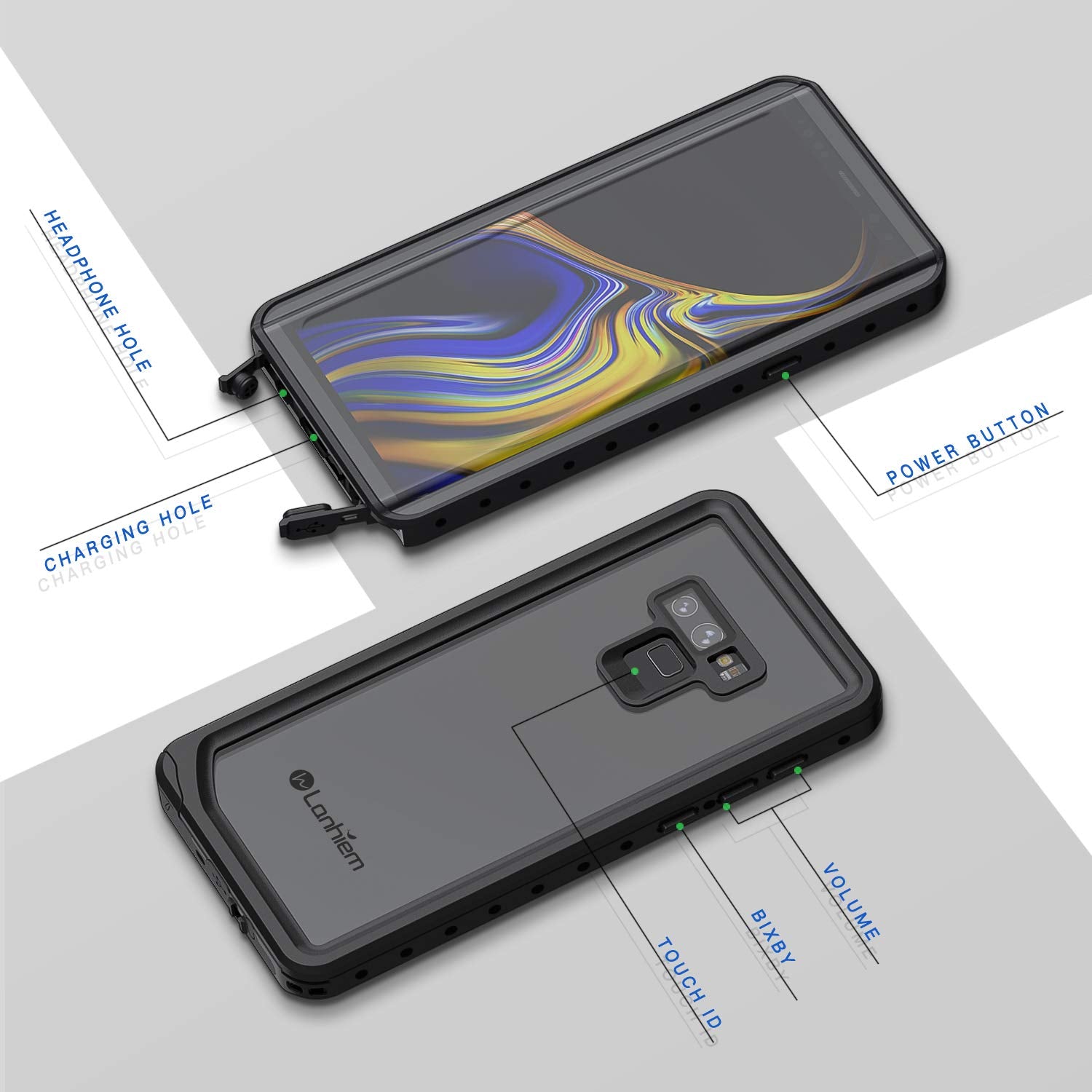 Lanhiem For Galaxy Note 9 Phone Case, Ip68 Waterproof Dustproof Shockproof Case With Built In Screen Protector, Full Body Underw