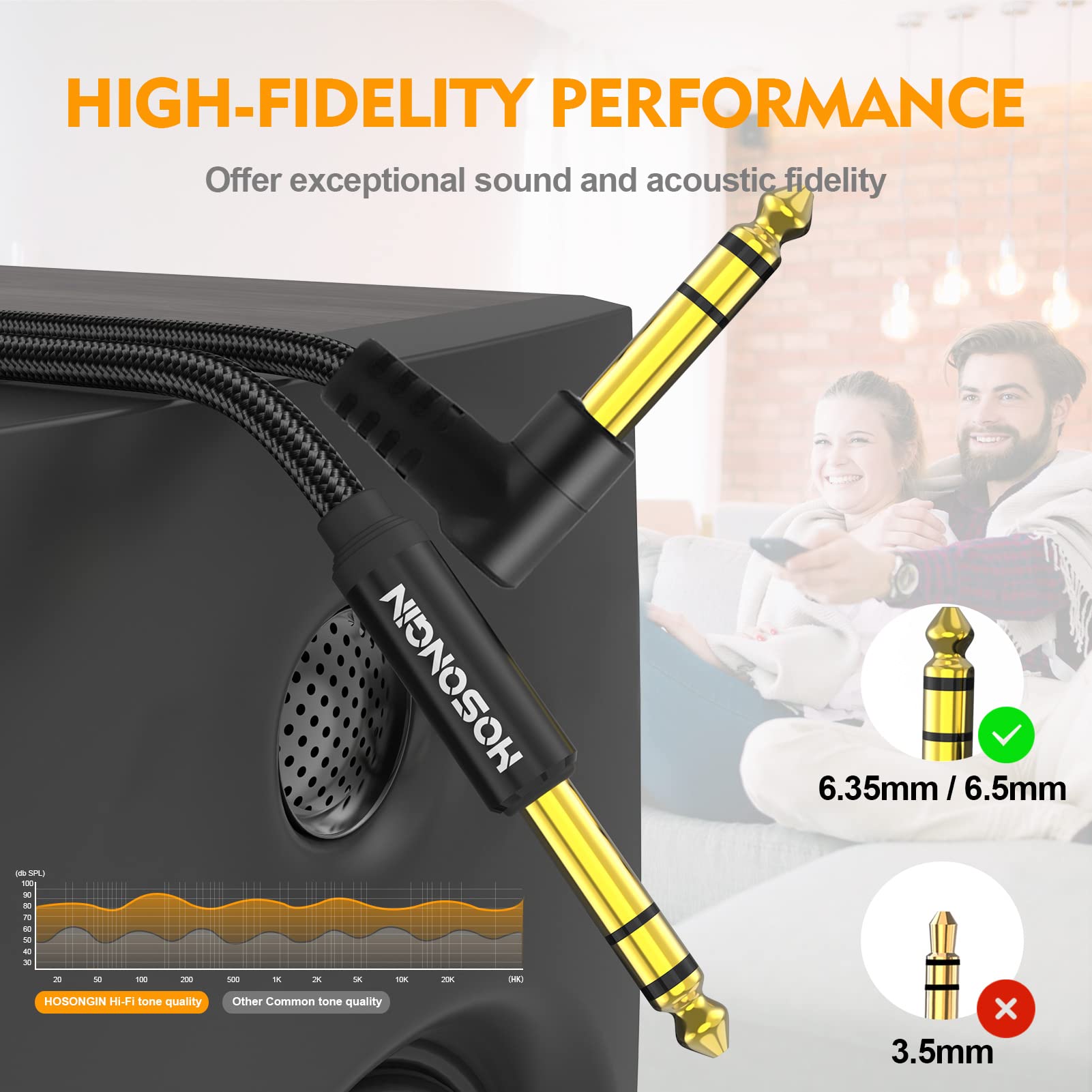 Hosongin 1/4 Inch Trs Instrument Cable 15 Feet 2 Pack, Straight To Right Angle 6.35Mm Male Stereo Audio Cord, Balanced Interconn