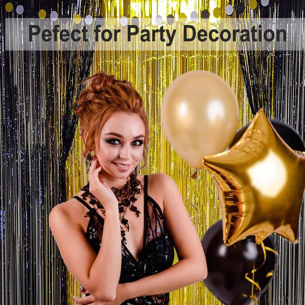 Eufars Black And Gold Party Decorations   4Pack 3.2X8.2Ft Foil Fringe Curtains For Birthday Graduation Masquerade Gatsby Themed