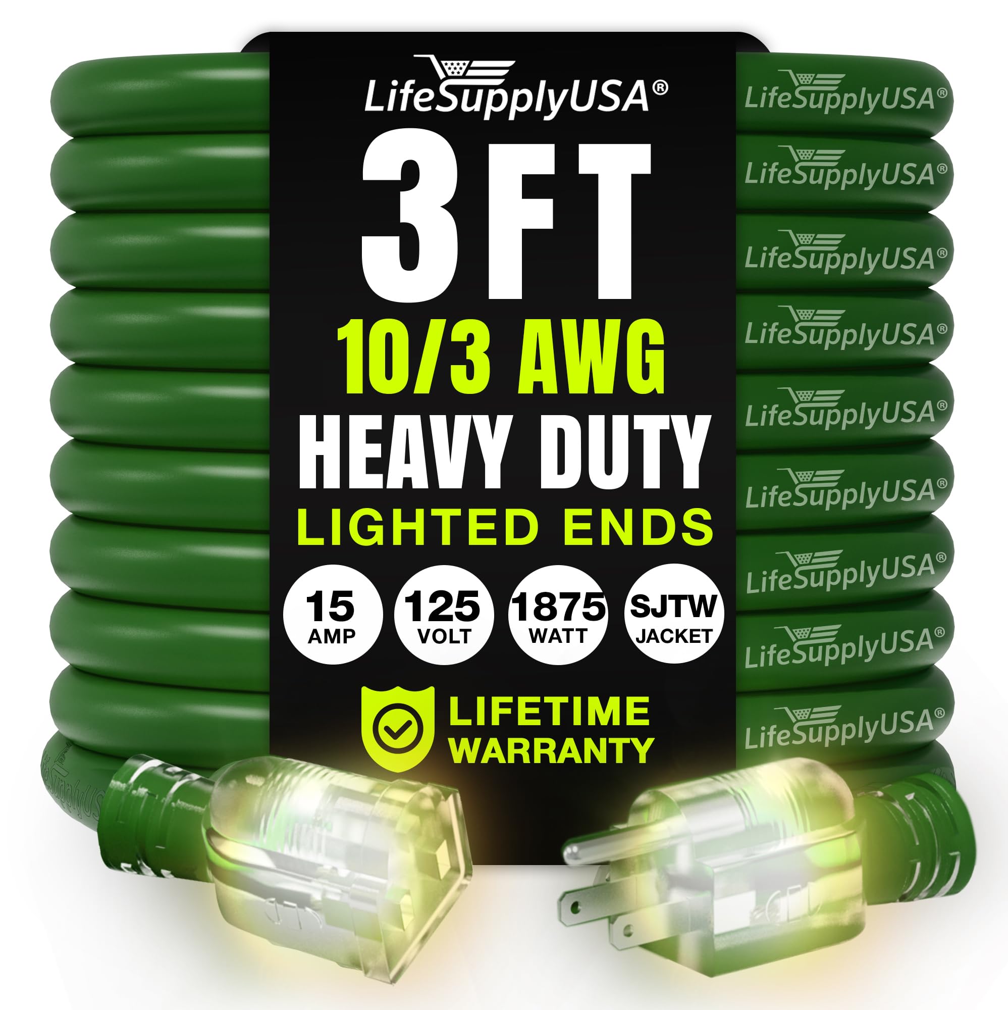 Lifesupplyusa 3Ft Outdoor/Indoor Extension Cord 10/3 Gauge Ultra Heavy Duty 3 Prong Sjtw, Waterproof, Flexible Cold Resistant Lo