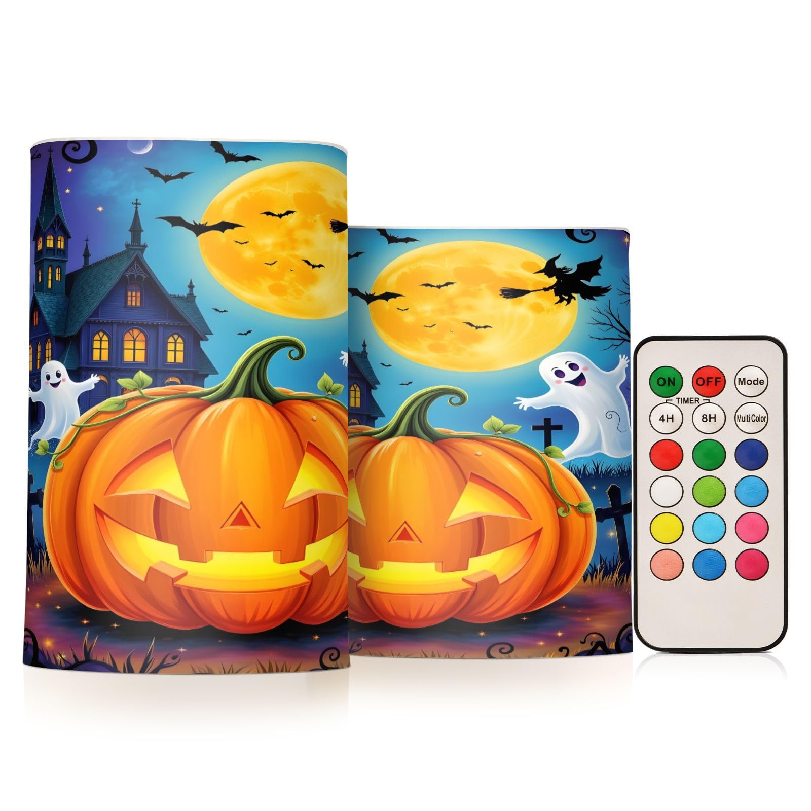 BOENLE Flickering Flameless Candles, Halloween Pumpkin Ghost Witch LED Candles with Remote Timer, Set of 2 Battery Operated Cand