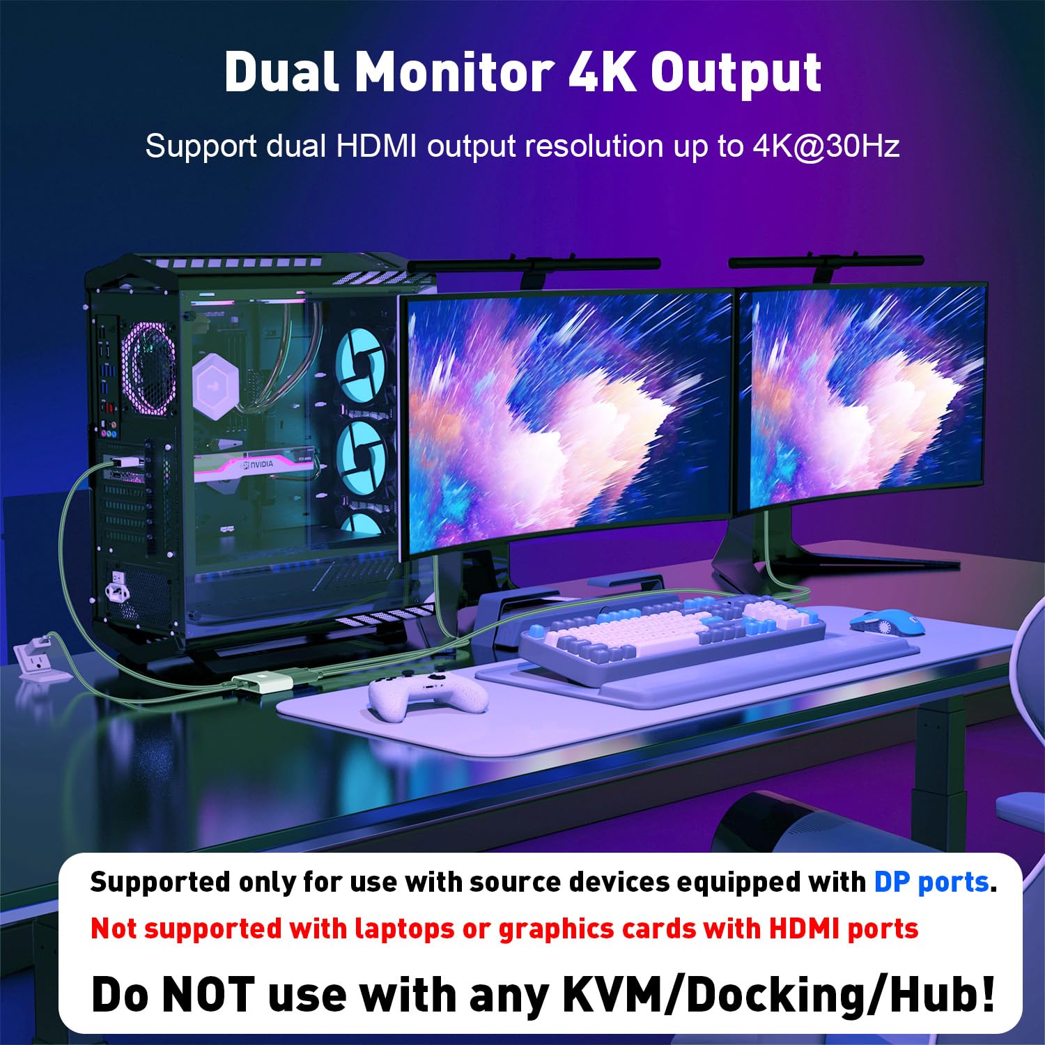 Uantin Displayport To Dual Hdmi Adapter | 4K 60Hz Dp Source To Hdmi Splitter Extended Display Adapter For Dual Monitors,Display