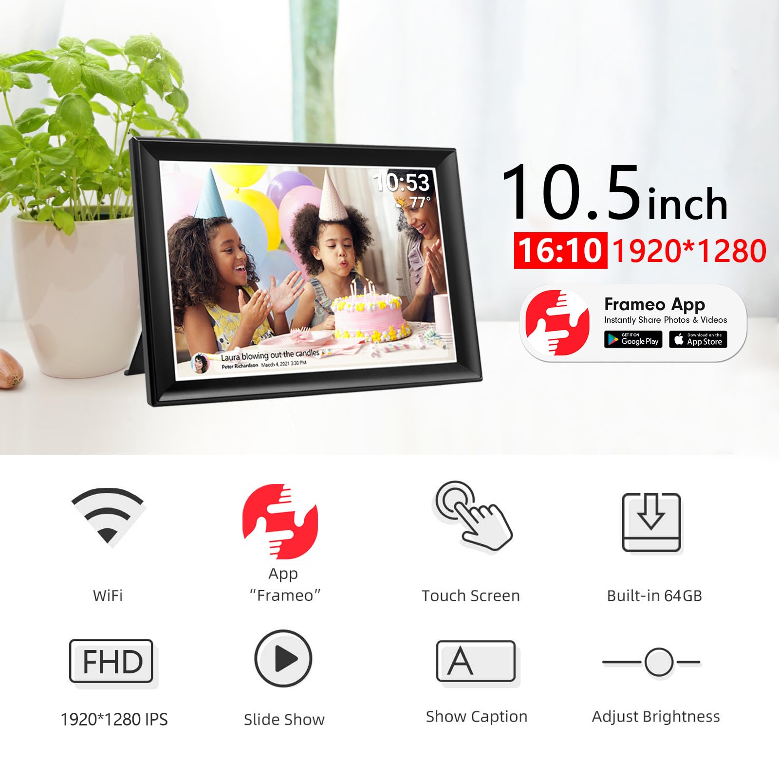 64Gb Frameo 10.5 Inch Smart Wifi Digital Photo Frame 1920X1280 Fhd Ips Lcd Touch Screen, Auto Rotate, 64Gb Storage, Support Sd C
