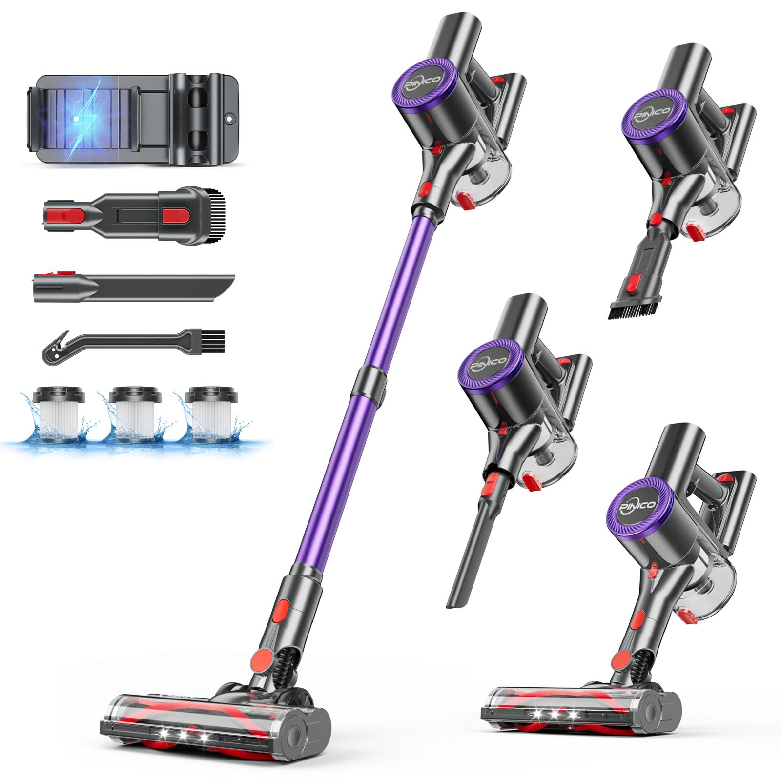 PINICO Cordless Vacuum Cleaner, 25kPA Vacuum Cleaners for Home, Stick Vac with Anti-Tangle Brush, 40 Mins Runtime, Lightweight, 