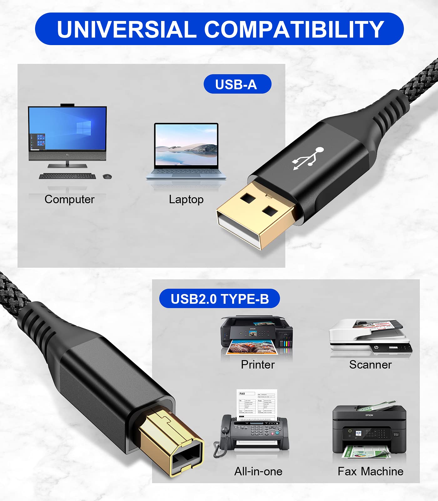 Sweguard Printer Cable 10Ft, Usb 2.0 Printer Cable Usb A To Usb B Cable, High Speed Nylon Braided Scanner Printer Cord For Hp Ca