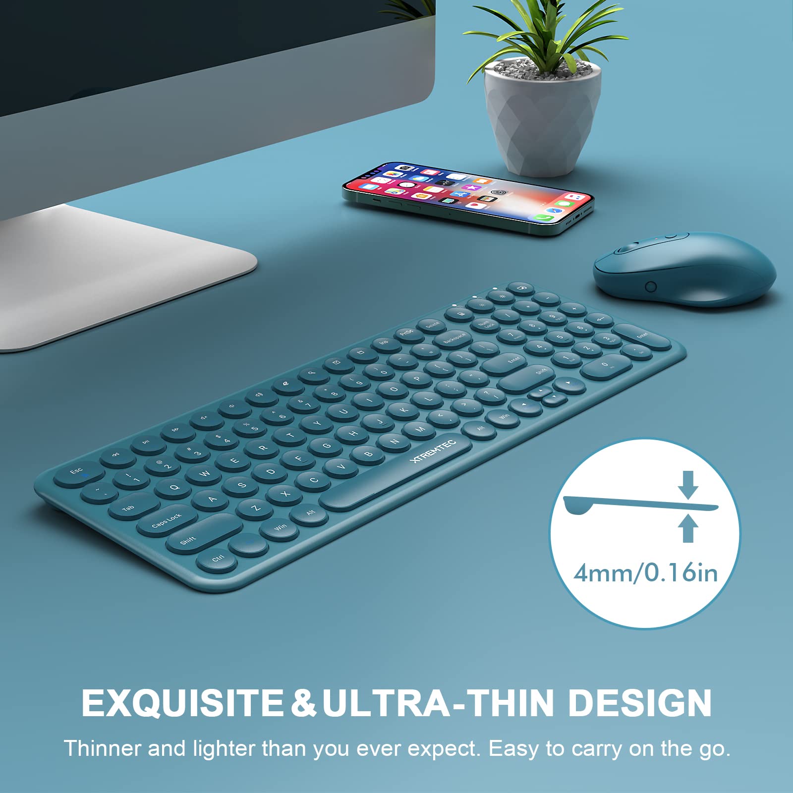 Xtremtec Slim Wireless Keyboard And Mouse Combo, 2.4G Usb Quiet Low-Profile Retro Round Typewriter Computer Keyboard And Ergonom