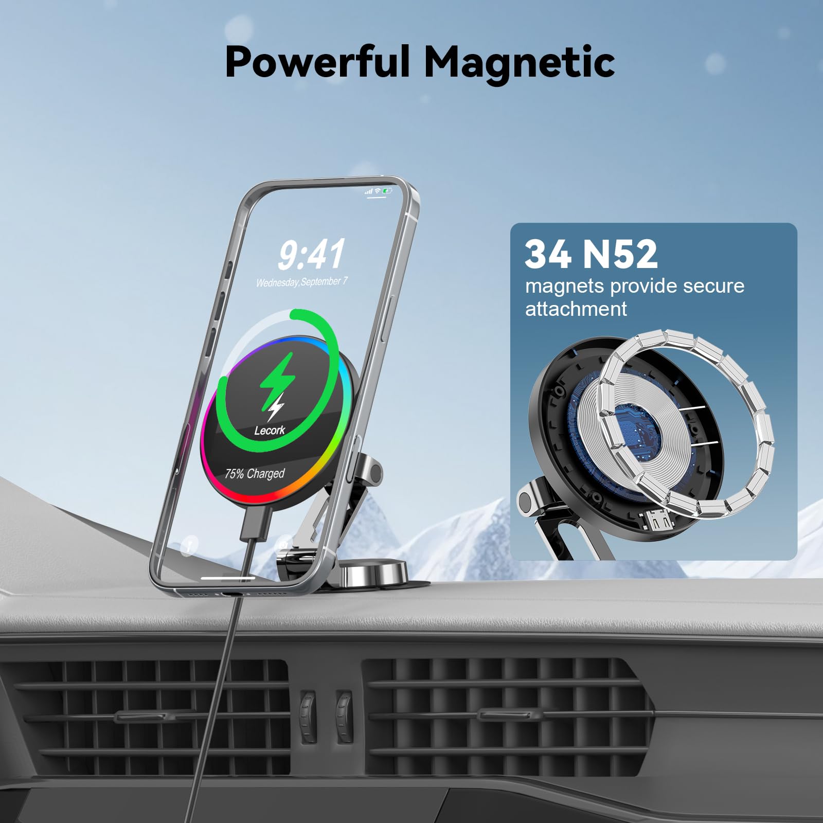 Lecork For Magsafe Car Mount Charger, 15W Magnetic Wireles Car Charger For Iphone 12 13 14 15 16 Series, Stick On Dashboard Phon