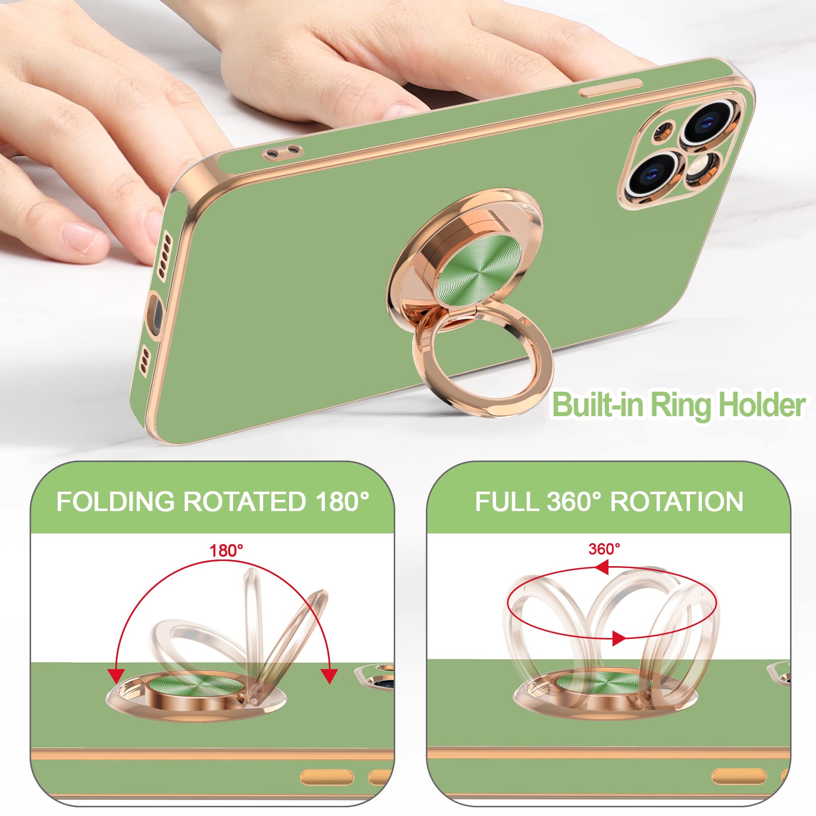 Hython iPhone 13 Phone Case with 360° Ring Stand Magnetic Kickstand Plated Rose Gold Edge TPU Light Green