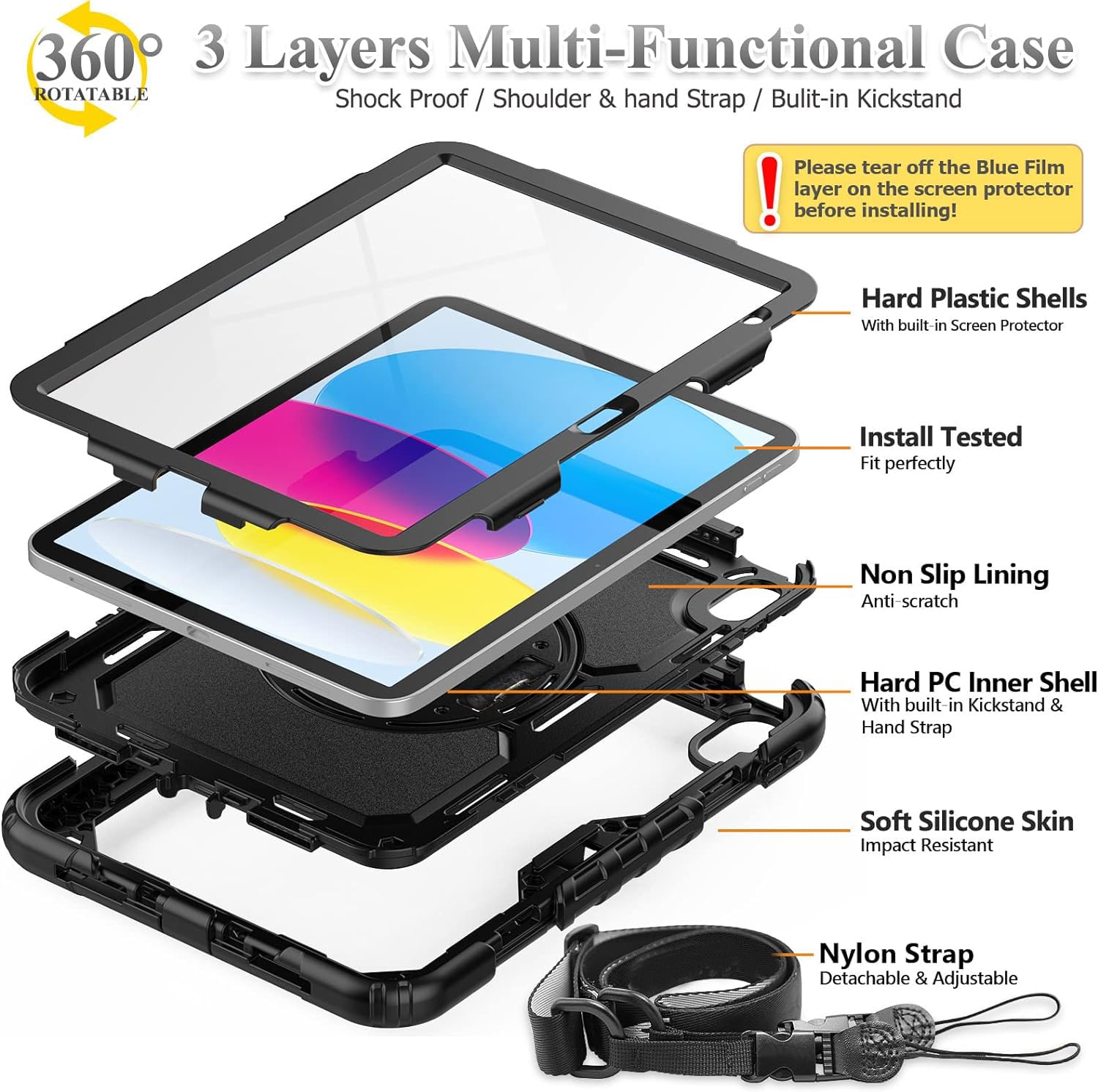 Bmouo Ipad 10Th Generation Case 10.9 Inch 2022   With Screen Protector, 360 Rotating Stand & Pencil Holder & Hand & Shoulder Str