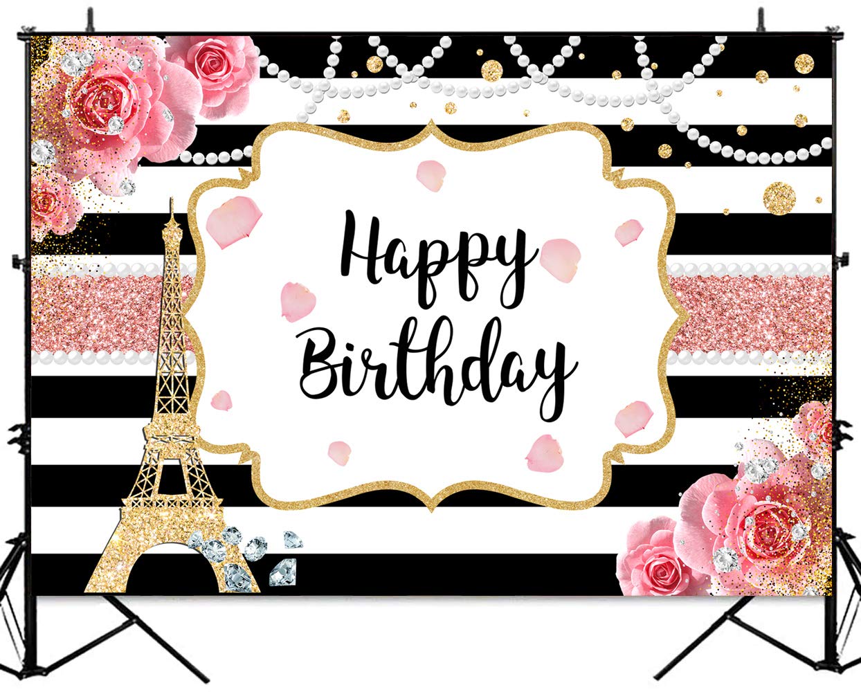 Sensfun Paris Birthday Backdrop Eiffel Tower French Theme Birthday Photo Background 7X5Ft Pink Roses Ooh La La Black White Stripes Floral Happy Birthday Backdrops Decorations
