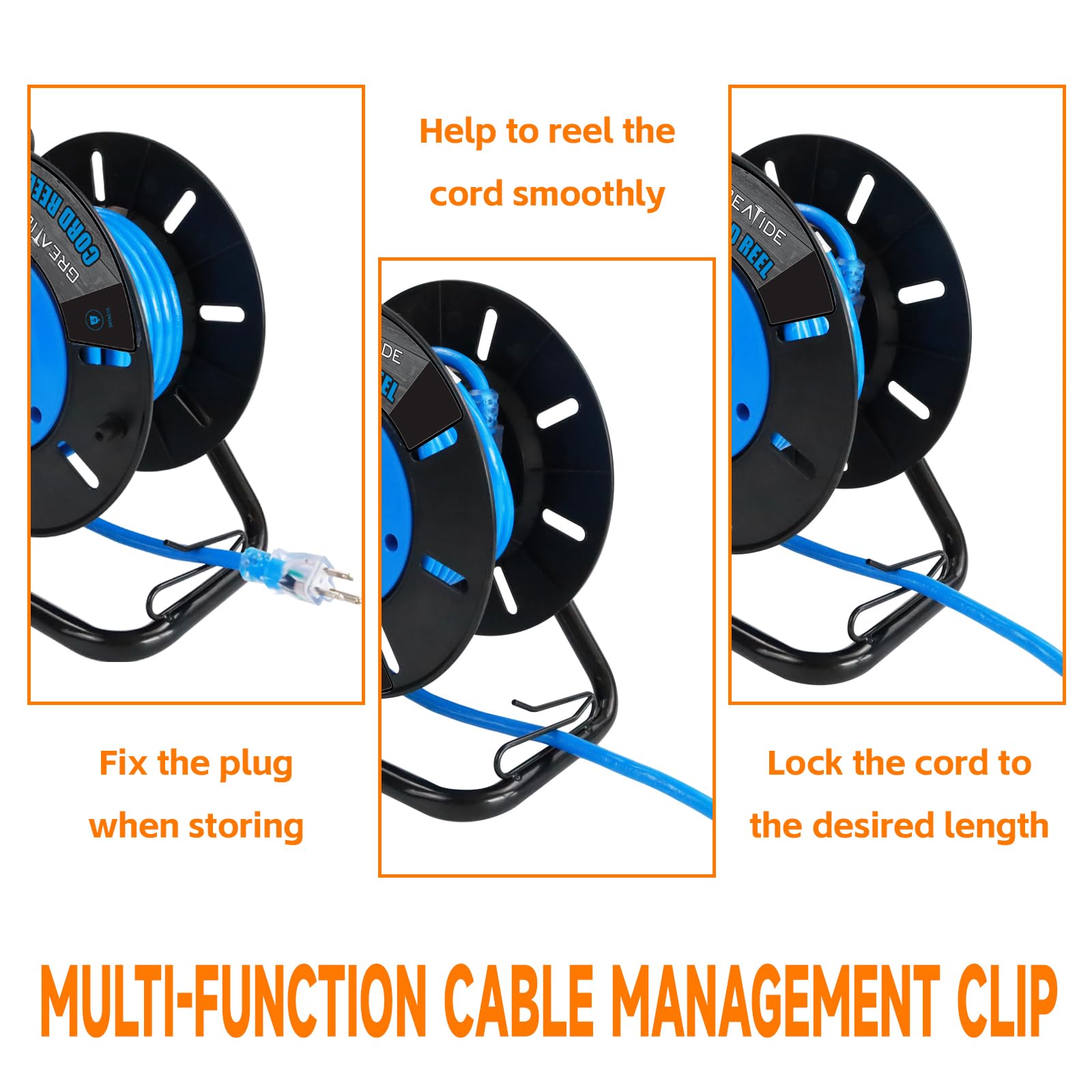 GREATIDE Heavy Duty Extension Cord Storage Reel 4 Grounded Outlets 10A Circuit Breaker Retractable Hand Wind Plastic Blue
