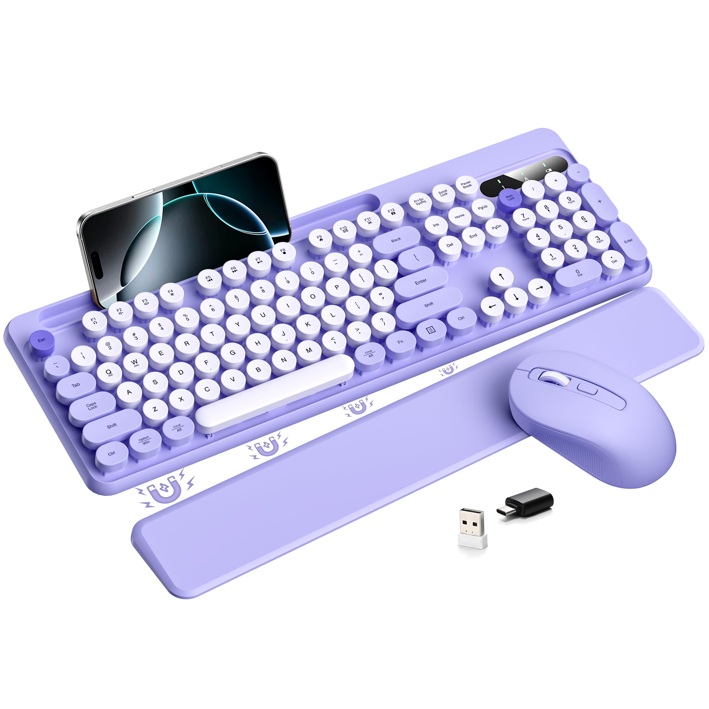 Hamile Wireless Keyboard and Mouse Combo, Retro Typewriter Style, Purple