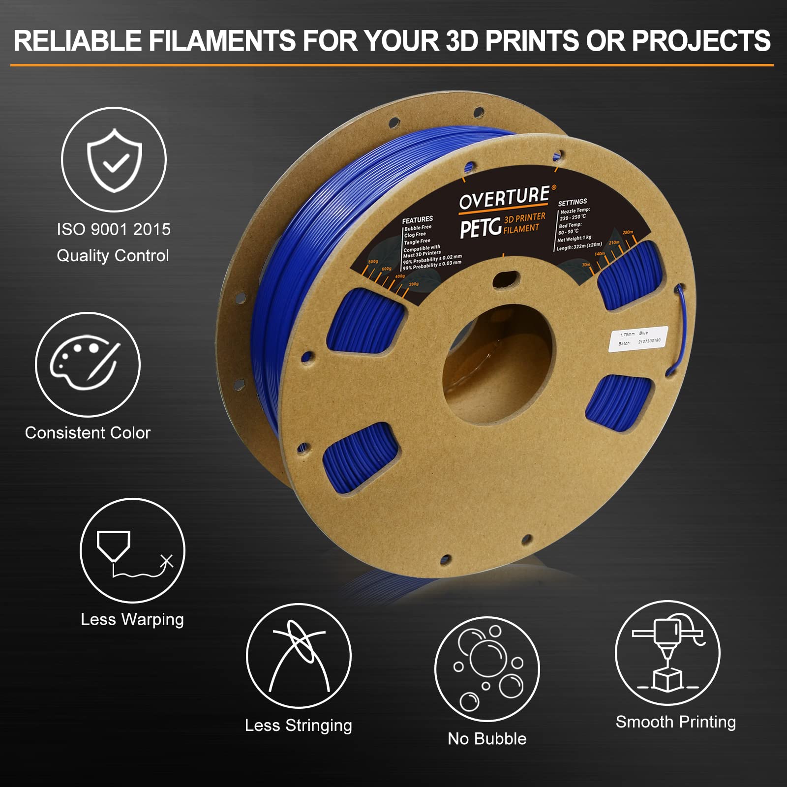 Overture Petg Filament 1.75Mm, 3D Printer Filament, 1Kg Spool (2.2Lbs), Dimensional Accuracy 99% Probability +/  0.03Mm, Fit Mos