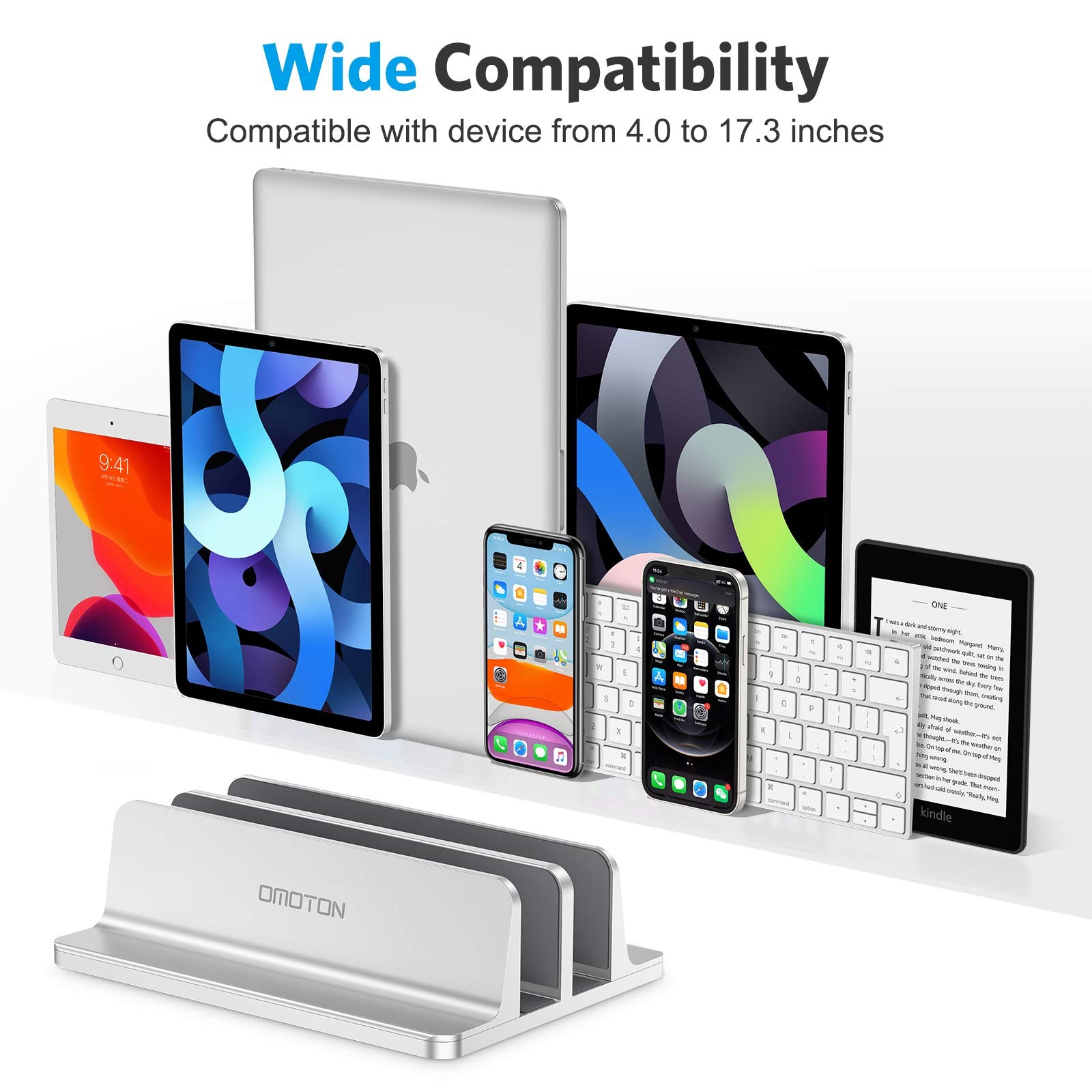 Omoton [Updated Dock Version Vertical Laptop Stand, Double Desktop Stand Holder With Adjustable Dock (Up To 17.3 Inch), Fits All Macbook/Surface/Samsung/Hp/Dell/Chrome Book (Silver)