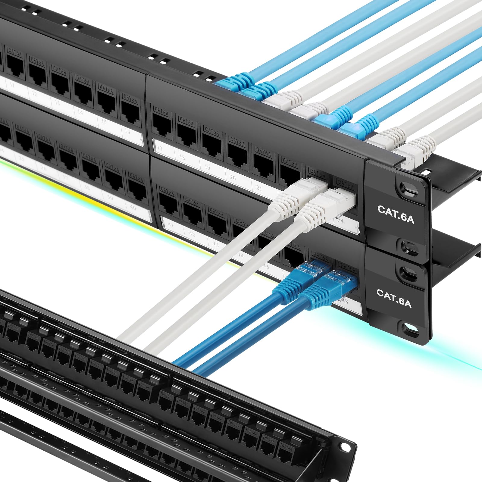 Rapink Patch Panel 48 Port Cat6A With Inline Keystone 10G Support, Pass Thru Coupler Utp 19 Inch With Removable Back Bar, 1U Network Patch Panel For Cat6A,Cat6, Cat5E, Cat5 Cabling