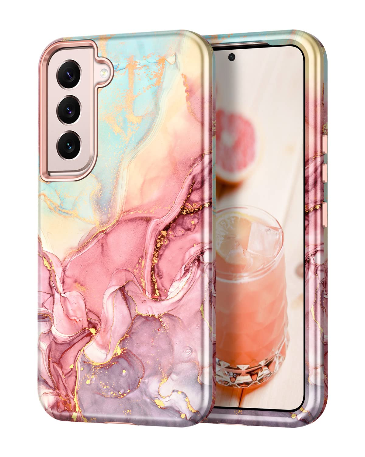 Btscase For Samsung Galaxy S22 5G 6.1 Inch Case,Marble Pattern 3 In 1 Heavy Duty Shockproof Full Body Rugged Hard Pc+Soft Silico