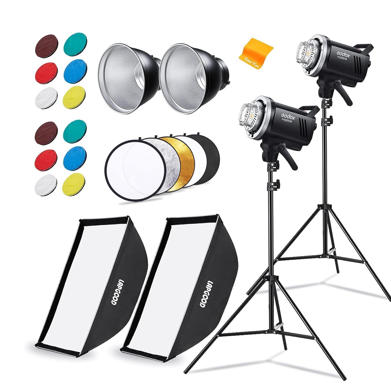 Godox Ms300V Studio Flash Kit (2X 300W) With 2 Softboxes, 2 Light Stands, 2 Reflectors, Led Modeling Lamps, 2.4G Wireless X Syst