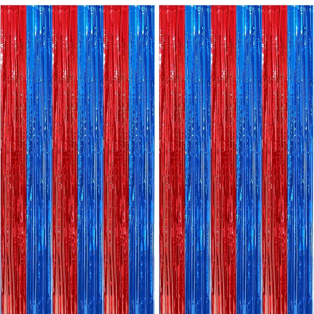 2 Pack Red And Blue Foil Fringe Curtains Photo Booth Prop Tinsel Streamer Backdrops Birthday Party Supplies Bachelorette Bridal