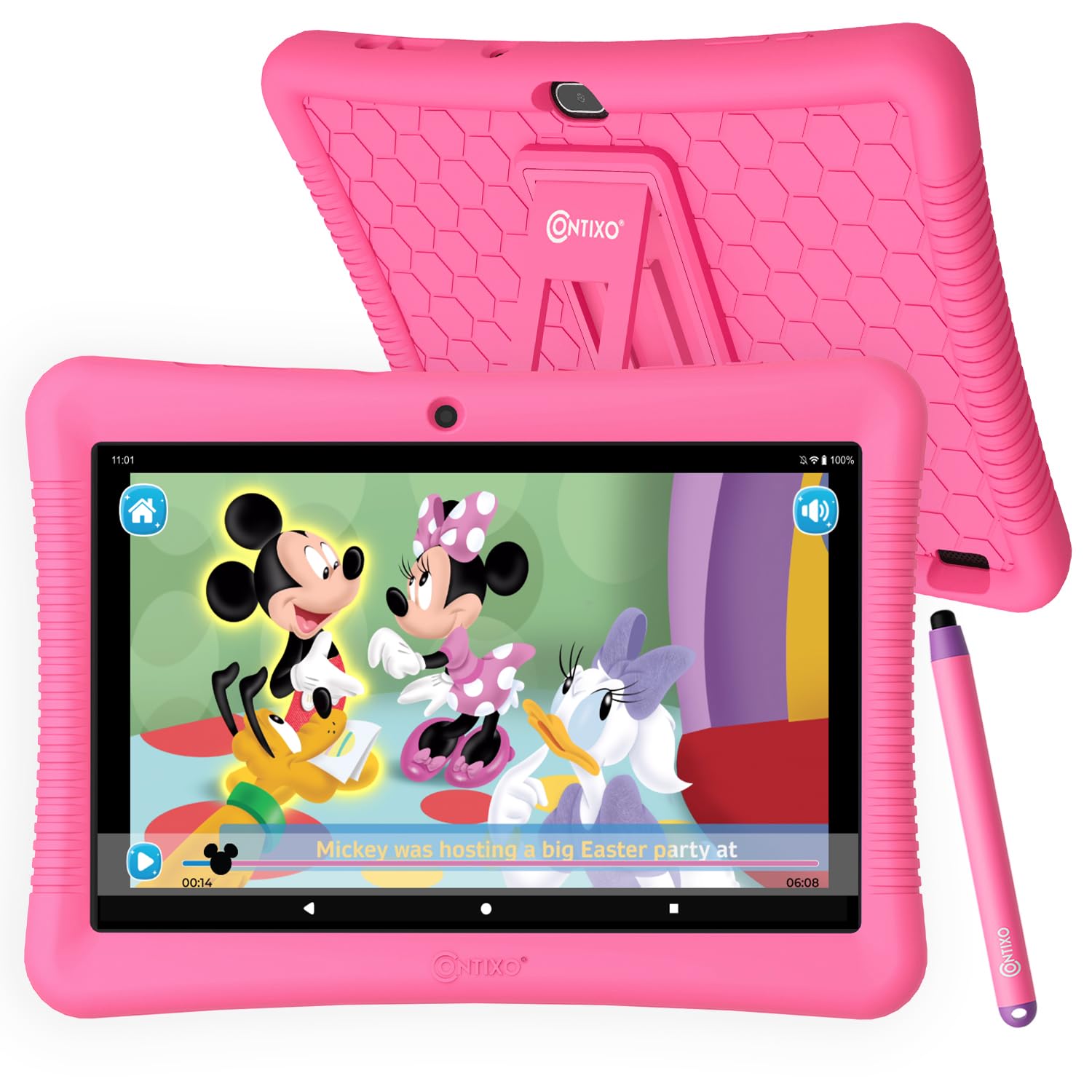 Contixo Kids Tablet K102 10 Inch Hd, Ages 3 7 Toddler Tablet, Parental Control, Android 10, 64Gb, Wifi, Learning Tablet For Children With Disney E Book Pre Installed, Kid Proof Case, Pink