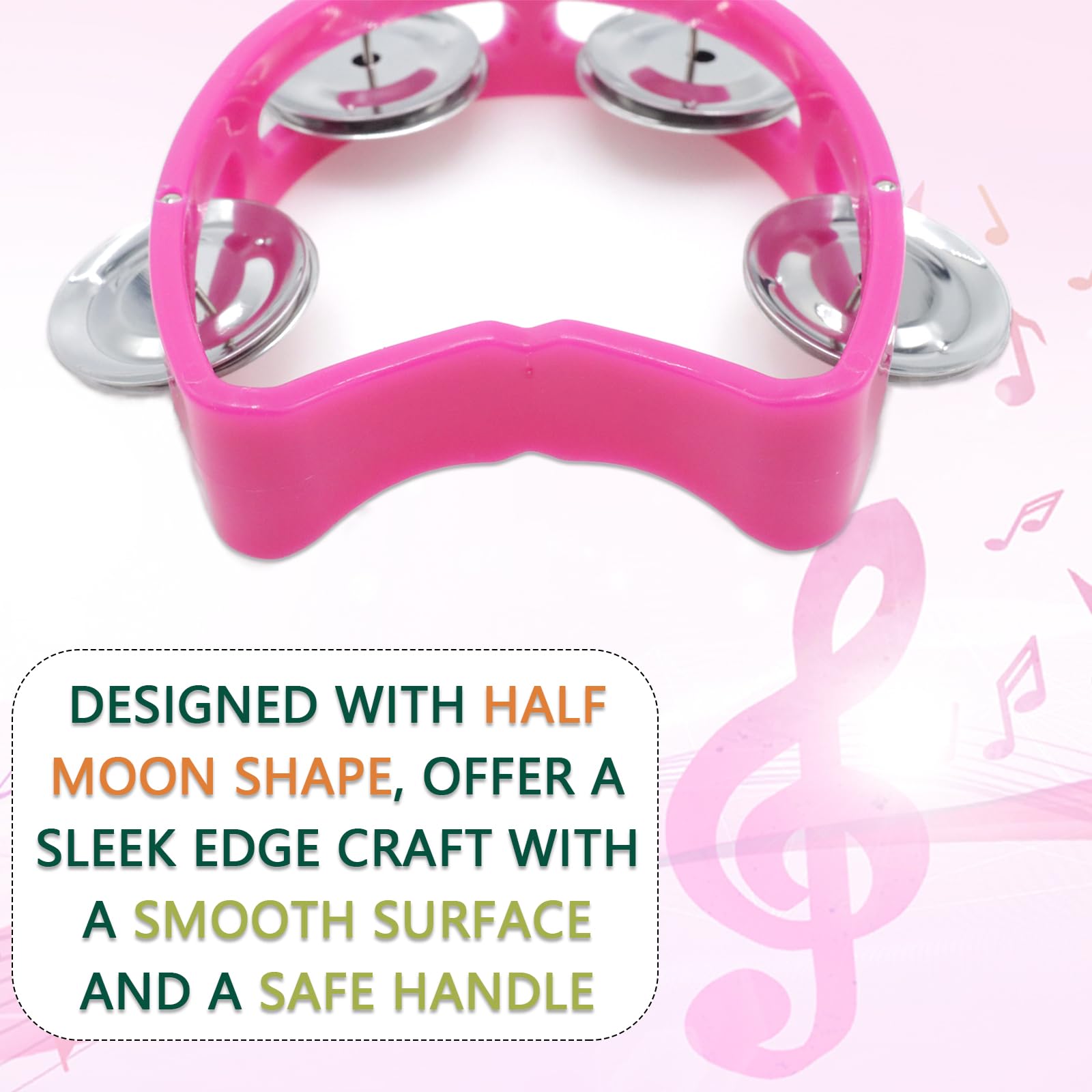 Cheerock Pack Of 2 Plastic Percussion Handheld Tambourines With 4 Jingle Bells, Pink Mini Hand Bell Percussion, Musical Rhythm I